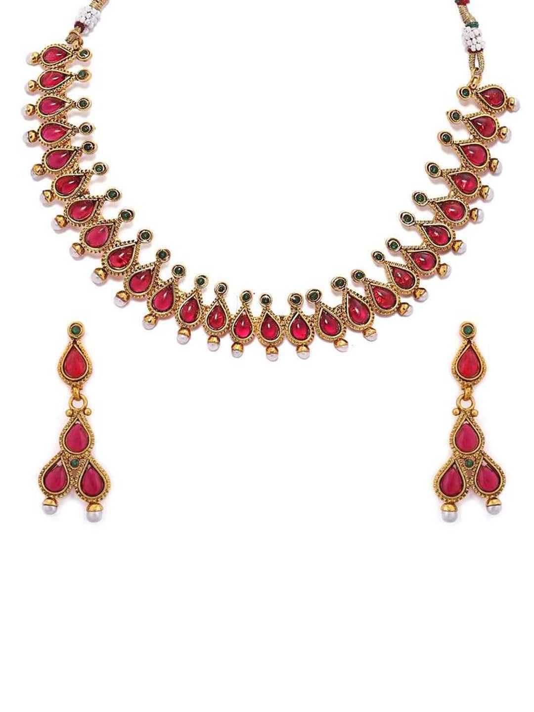 

Rubans Gold-Plated Red & White Ruby-Studded & Beaded Handcrafted Jewellery Set