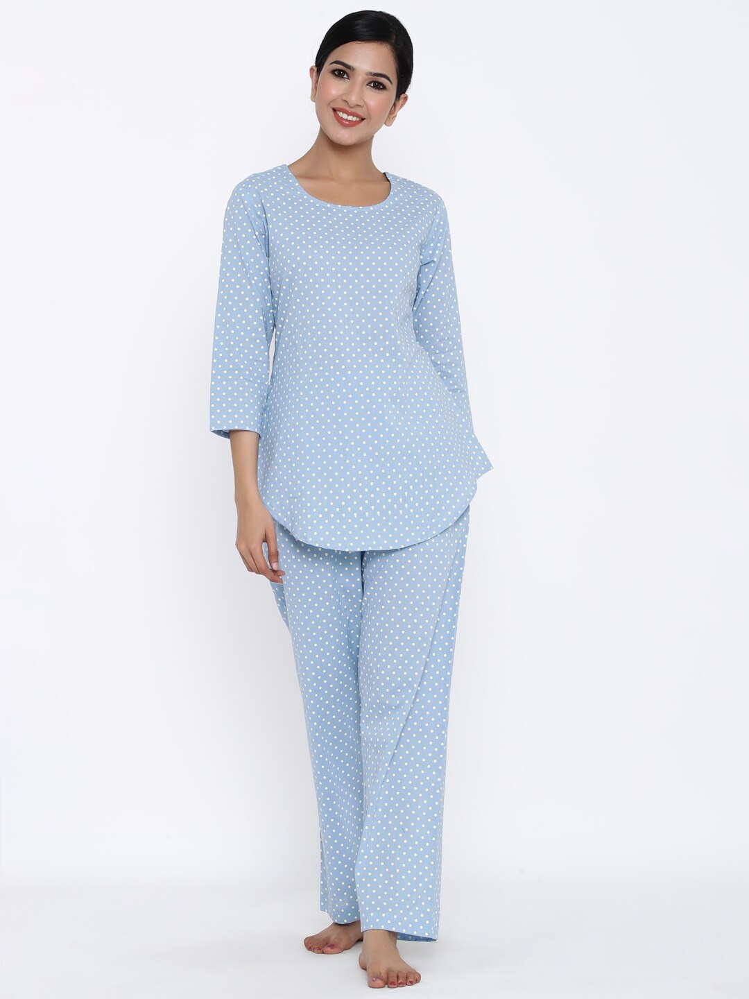

kipek Women Blue & White Polka Dots Printed Pure Cotton Night Suit