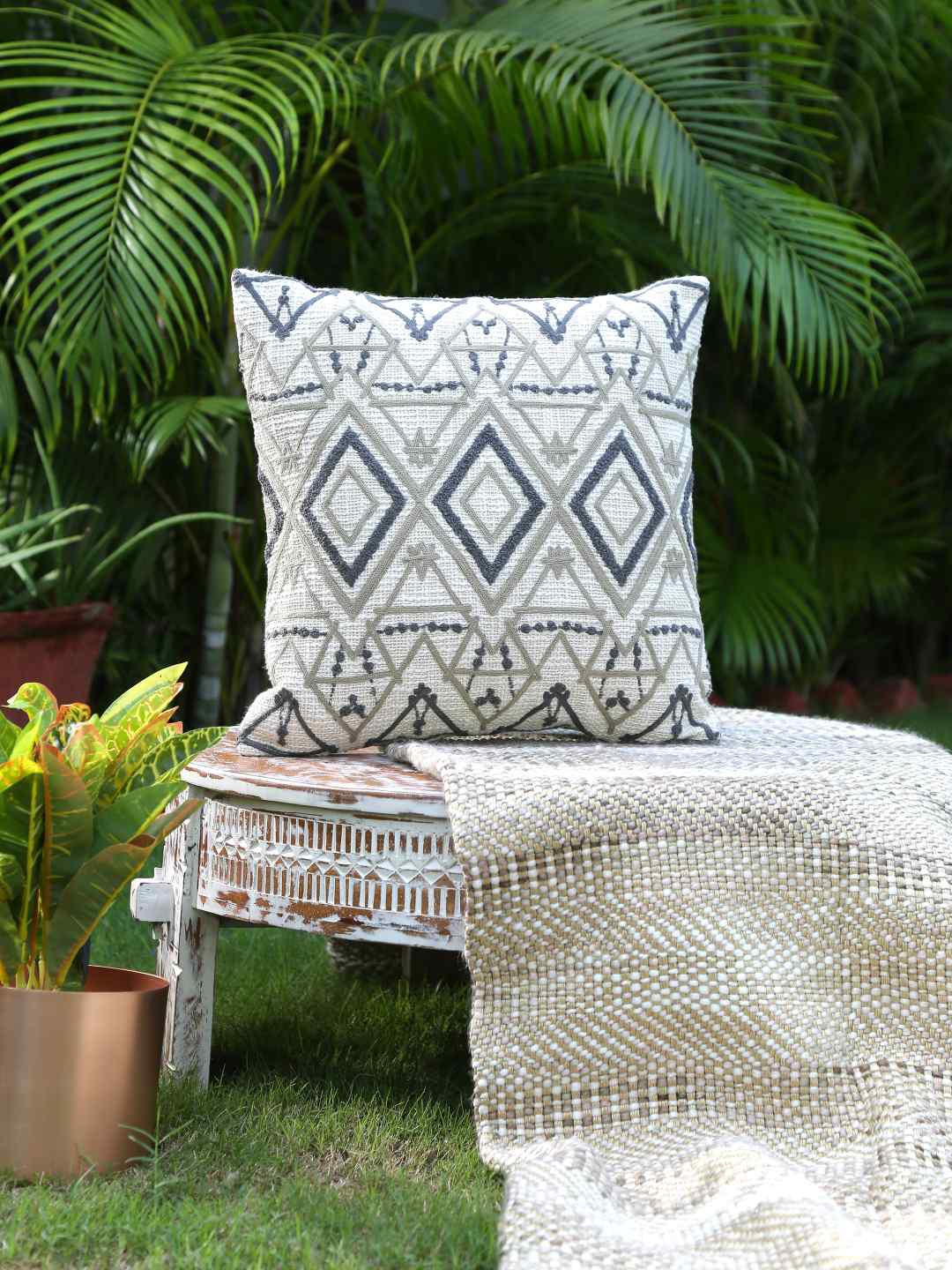 Amoliconcepts Beige & Grey Embroidered Square Cotton Cushion Covers