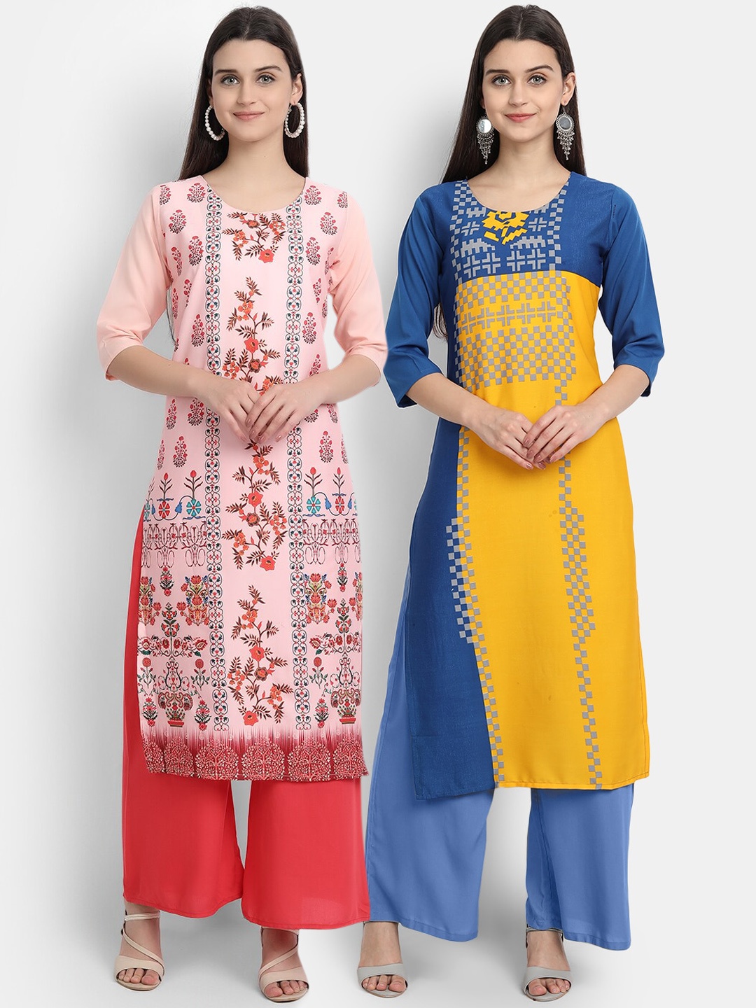 Ethnic basket Women Pack Of 2 Yellow & Pink Floral Printed Crepe Kurta