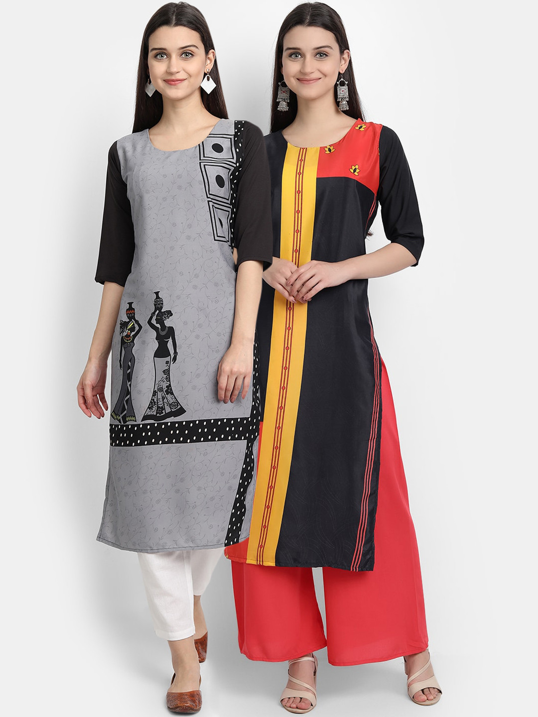

Ethnic basket Women Pack Of 2 Black & Grey Geometric Printed Crepe Kurta