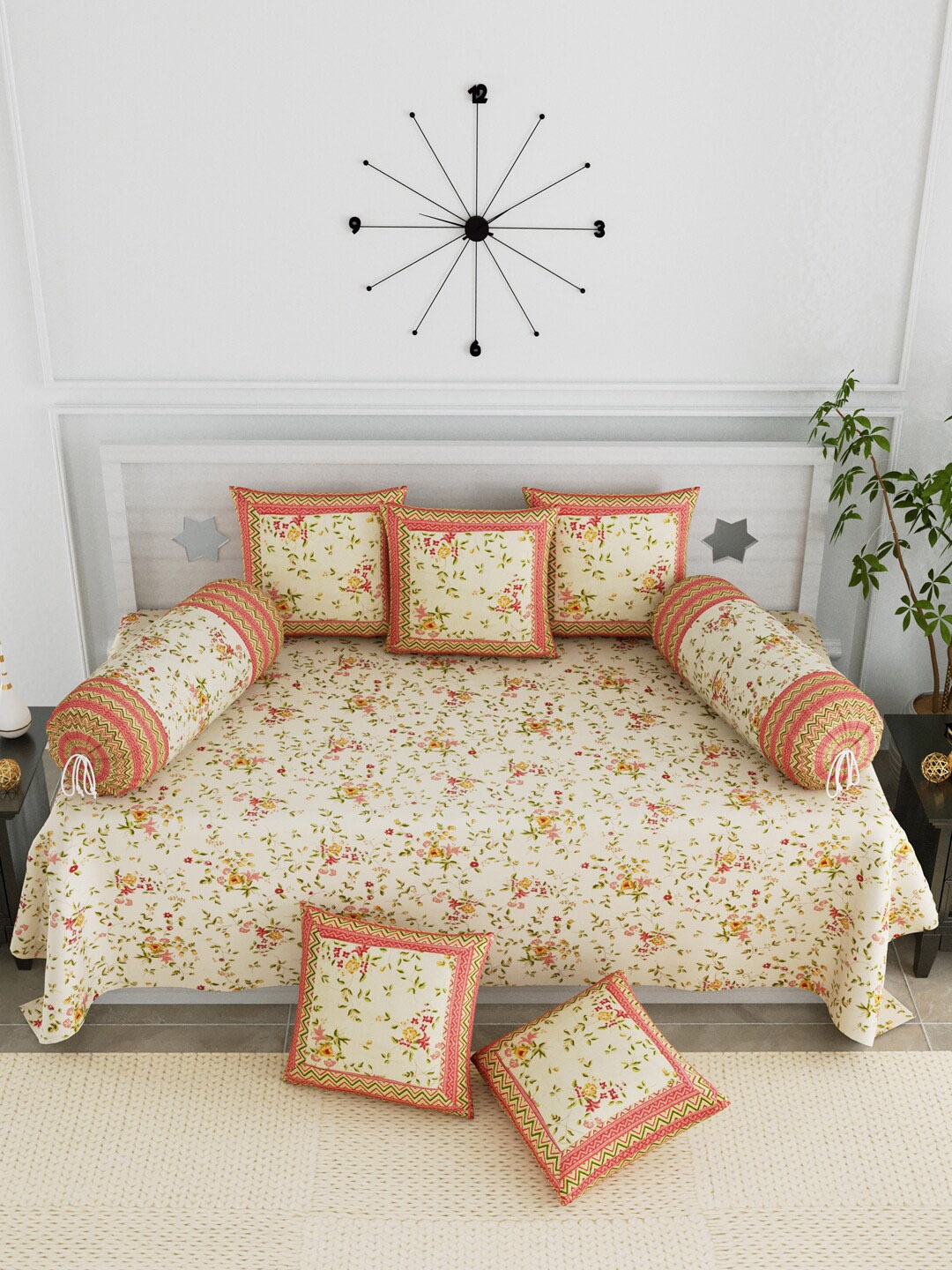 

LIVING ROOTS Set Of 8 Beige & Pink Floral Diwan Set With Bolsters & Cushions