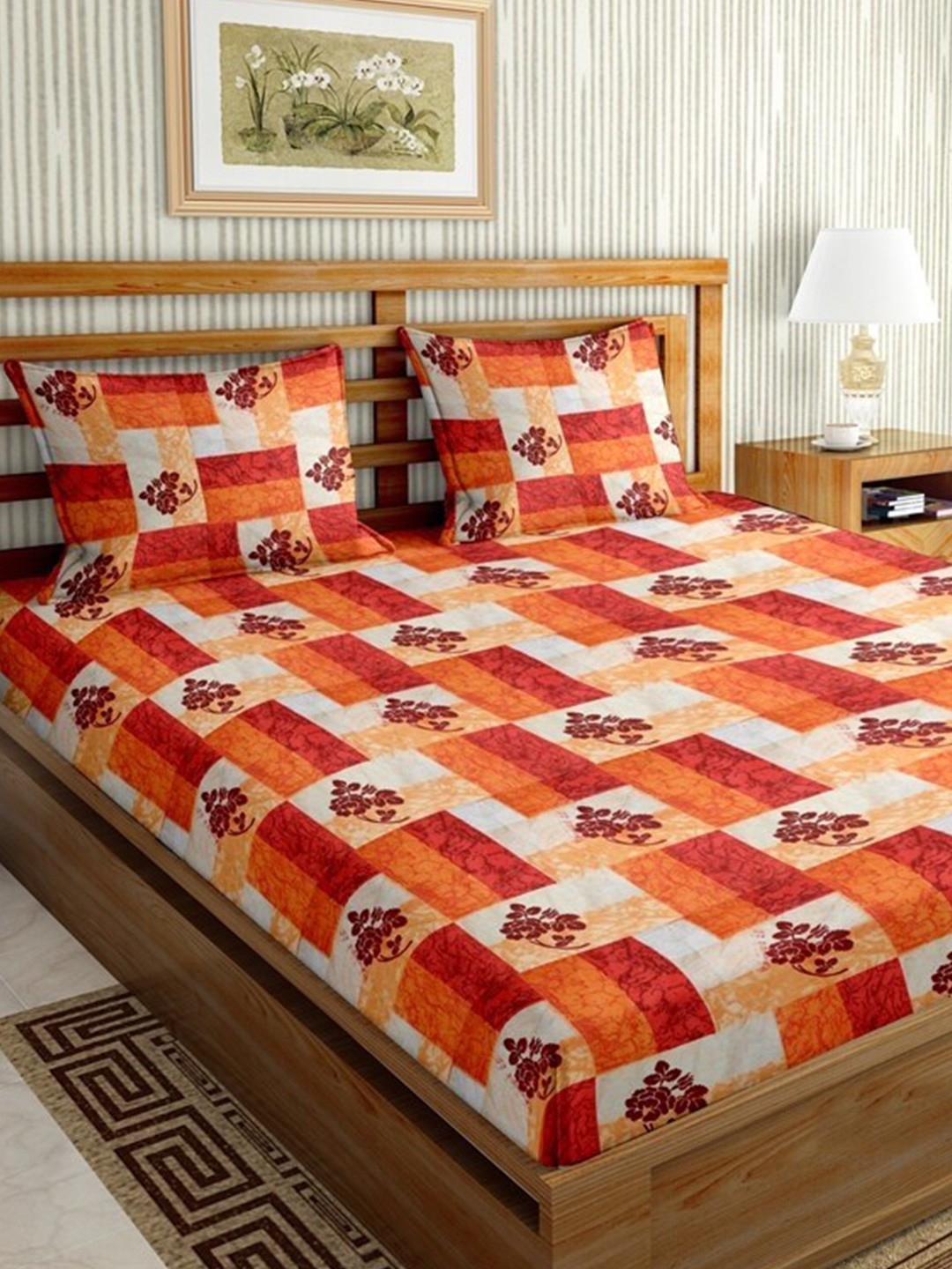 BELLA CASA Orange & White Geometric 144 TC Cotton King Bedsheet with 2 Pillow Covers