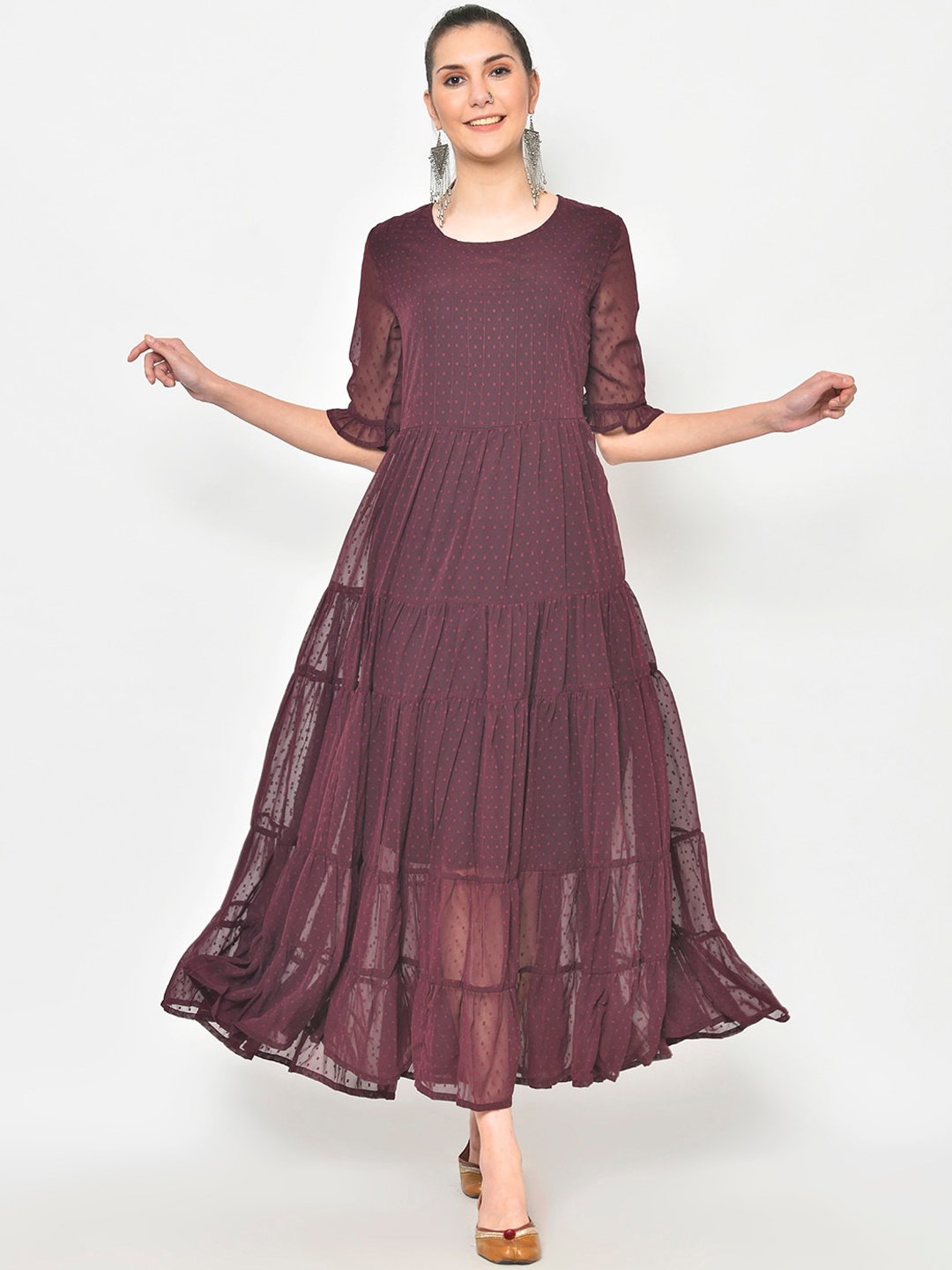 

DESI WOMANIYA Burgundy Georgette Maxi Tiered Dobby Dress