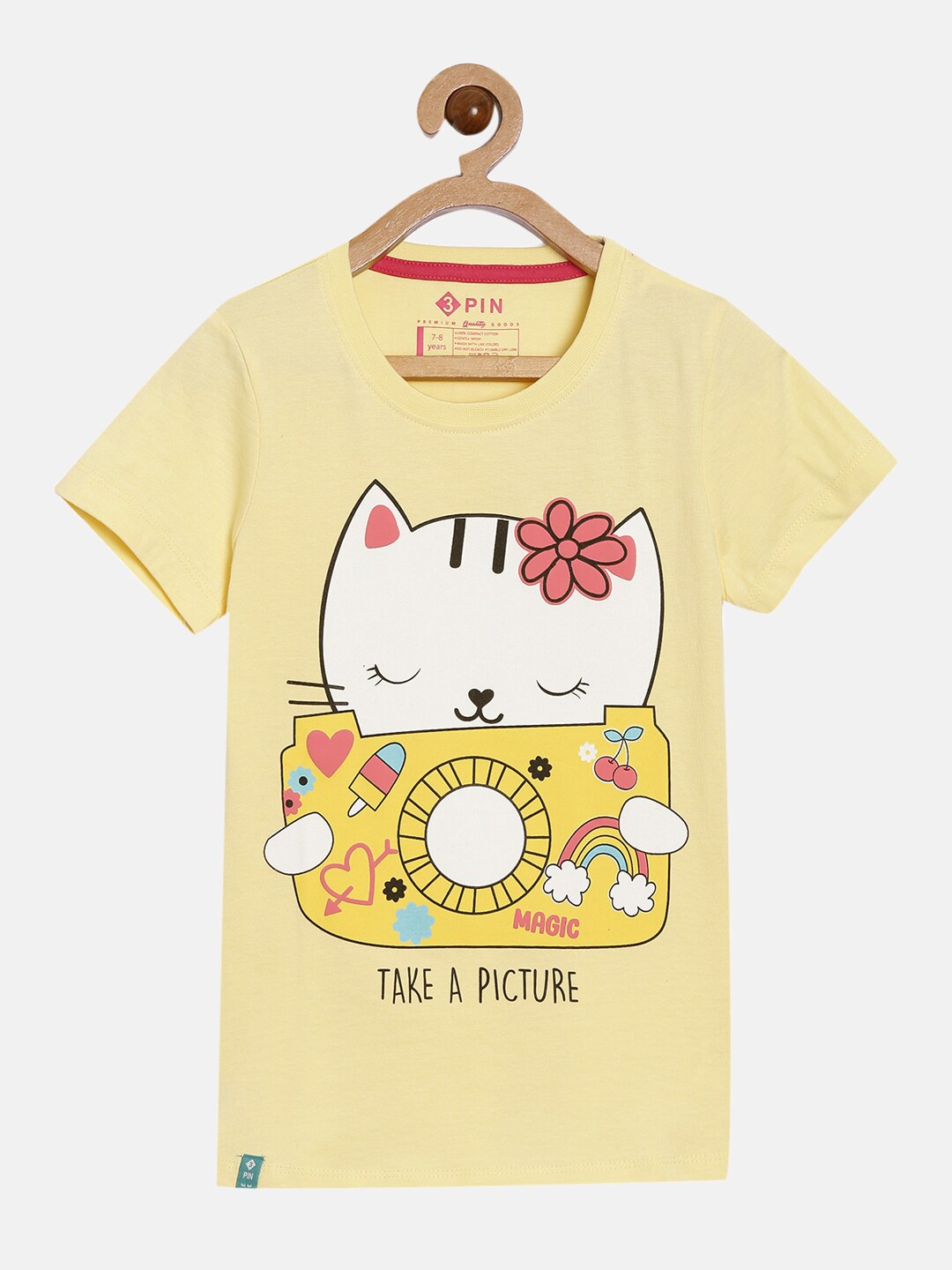 

3PIN Girls Yellow Cotton Printed Pure Cotton T-shirt