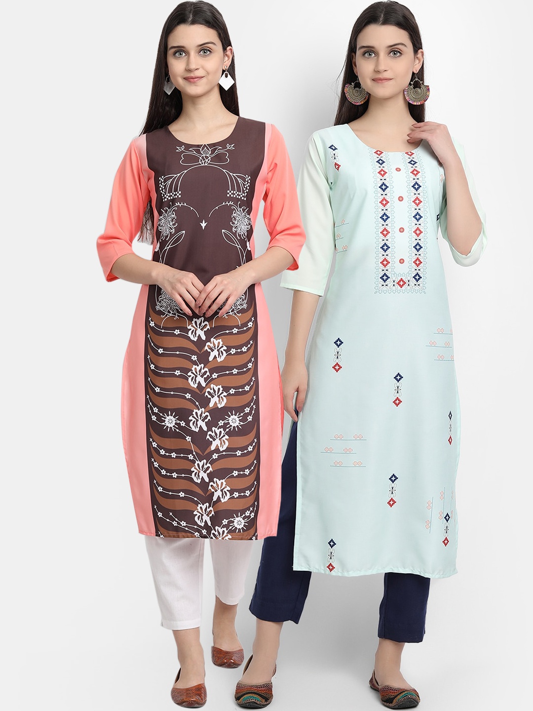 Ethnic Basket Women Pack of 2 Assorted Printed Crepe Kurtas, Multi