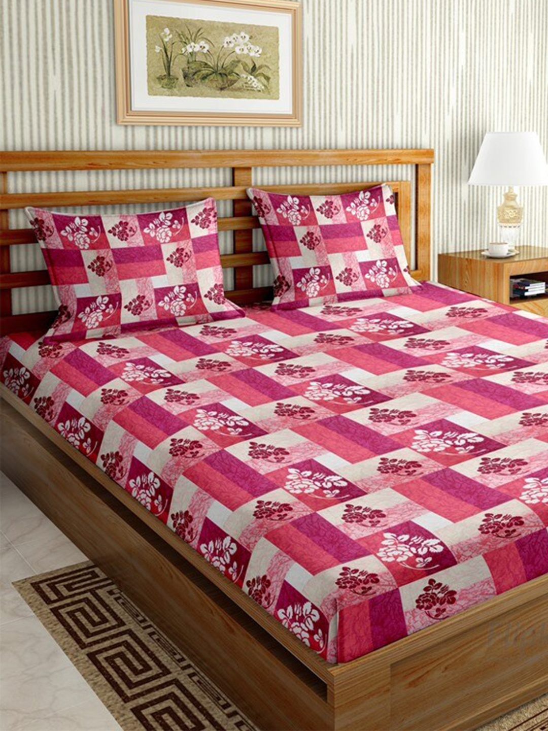 

BELLA CASA Pink & White Ethnic Motifs 144 TC Cotton King Bedsheet with 2 Pillow Covers