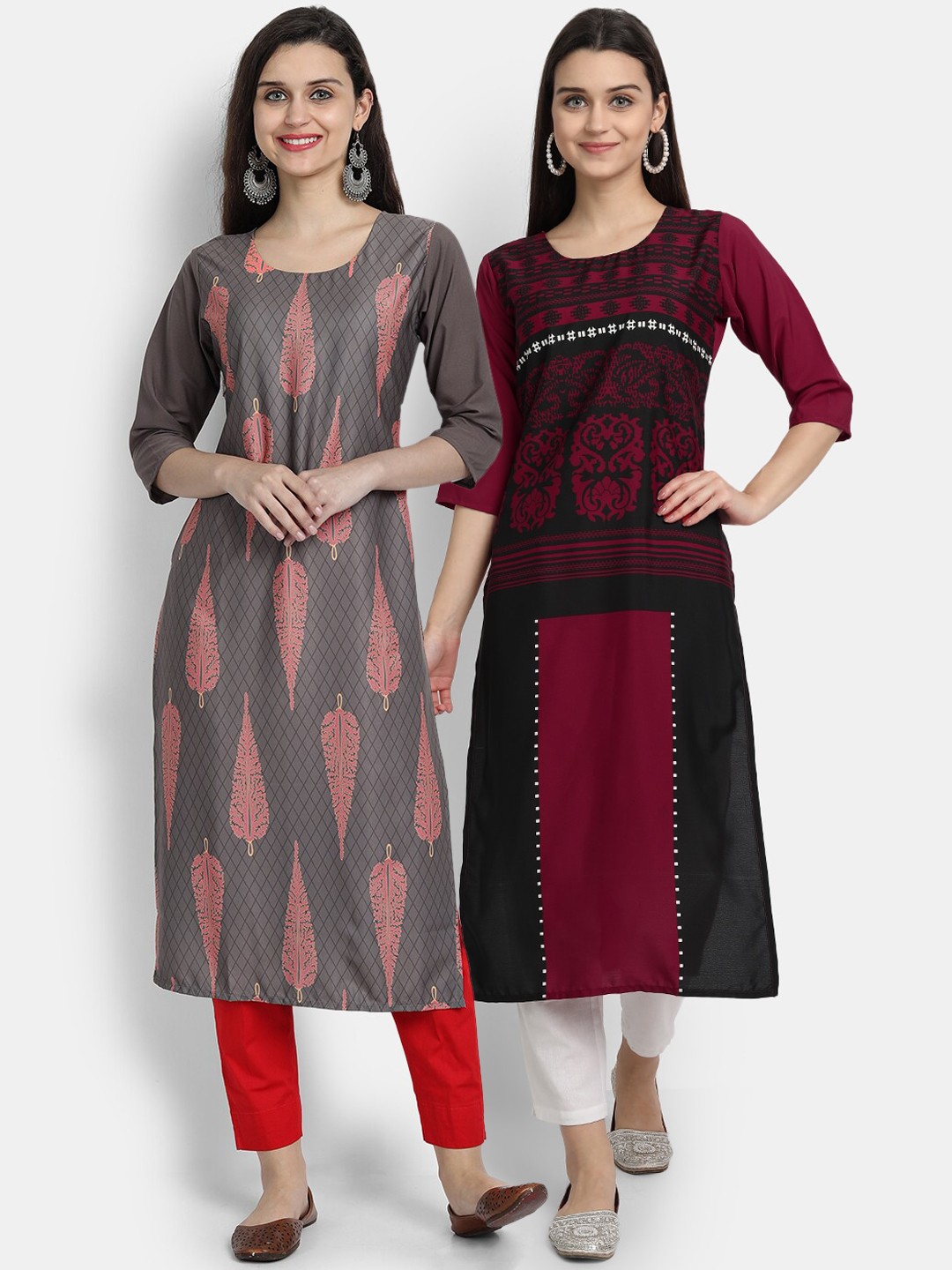 

Ethnic basket Women Pack Of 2 Grey & Red Printed Crepe Kurta