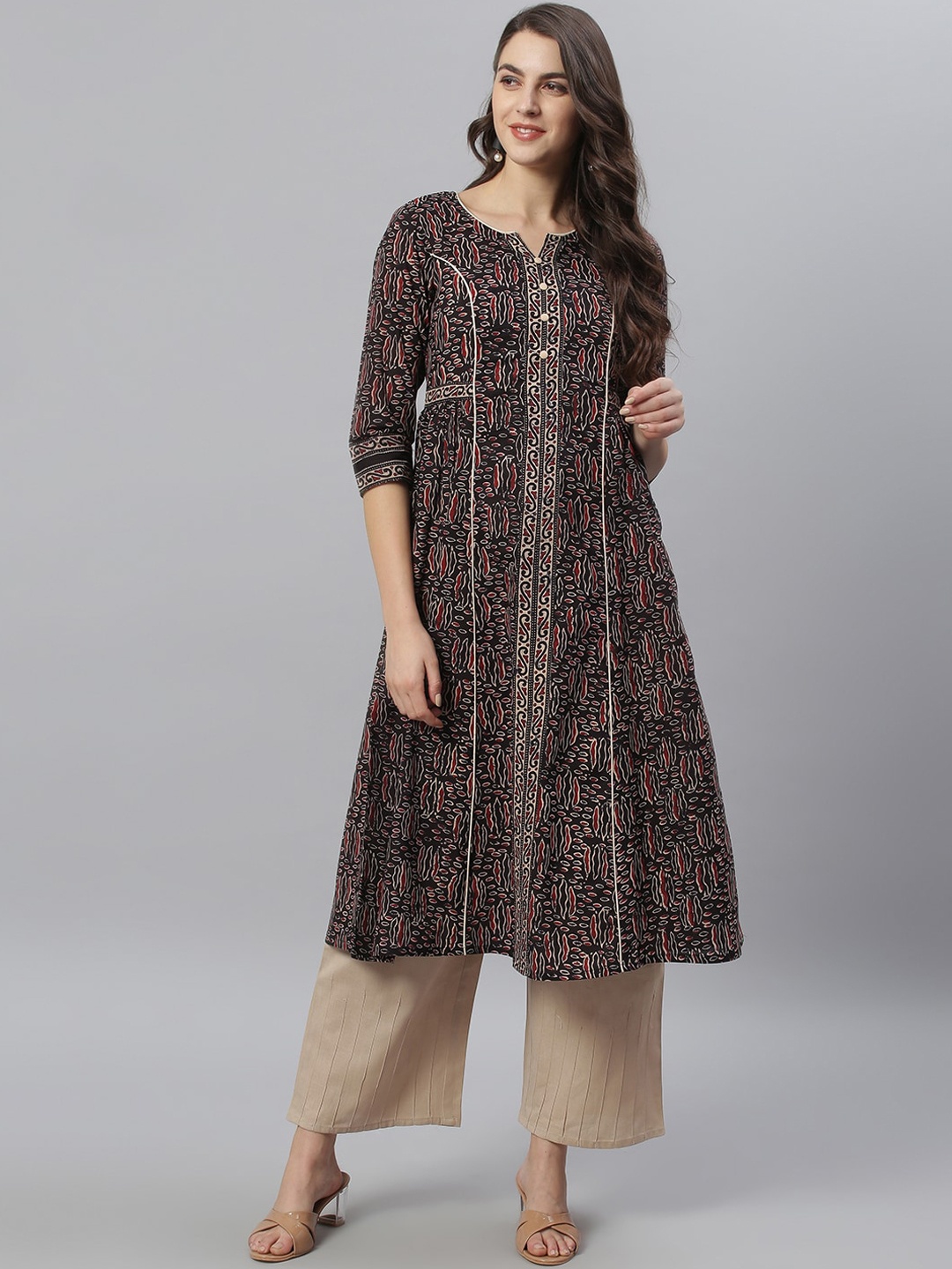 

Azira Women Black & Beige Printed A-line Kurta