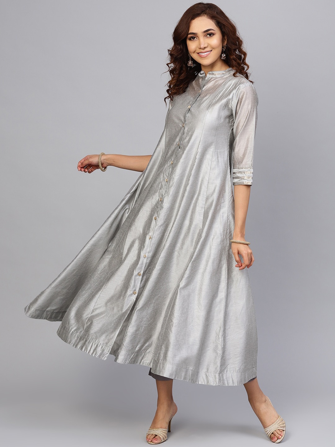 

Juniper Women Grey Gota Patti Chanderi Silk Anarkali Kurta With Detachable Lining