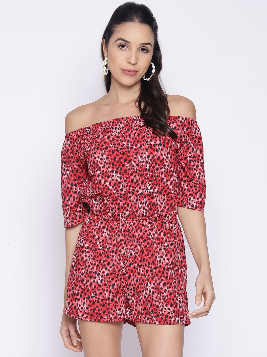 

IX IMPRESSION Women Red & Black Off-Shoulder Animal Skin Printed Playsuit
