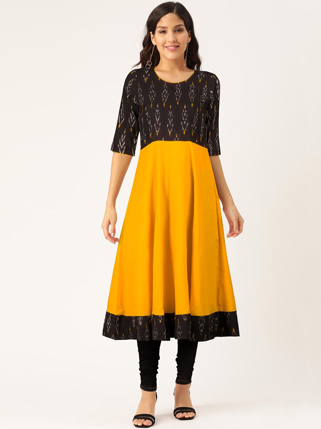 

FLAVIDO Women Yellow & Black Colourblocked Handloom Anarkali Kurta