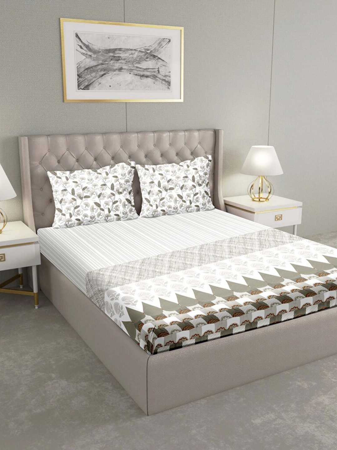 

BELLA CASA Green & Off White Ethnic Motifs 180 TC King Bedsheet with 2 Pillow Covers