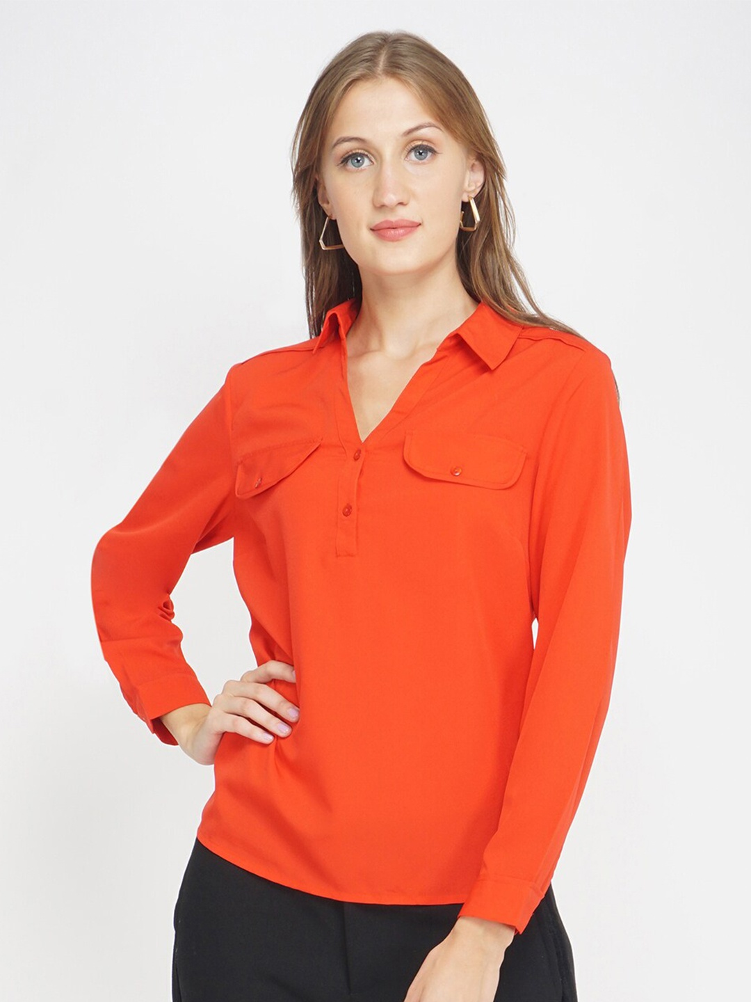 Oxolloxo Women Red Shirt Style Top with Pseudo Pockets