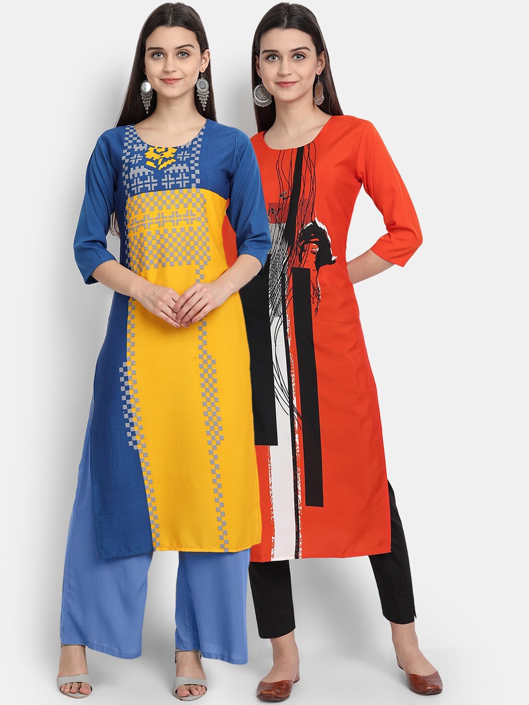

Ethnic basket Women Pack of 2 Navy Blue & Red Colourblocked Crepe Kurta