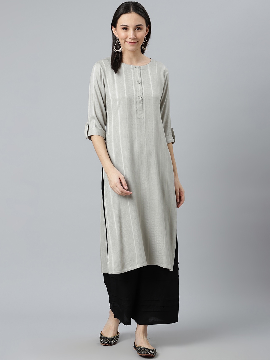 

Libas Women Grey Striped Straight Kurta