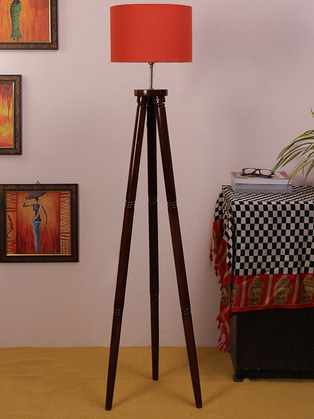 

Devansh Orange & Brown Wooden Tripod Lamp