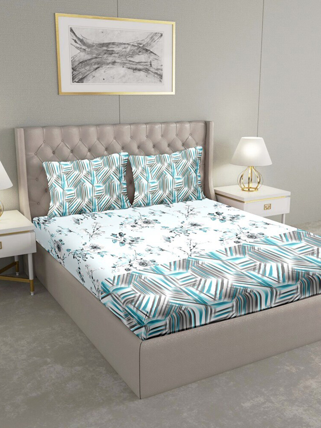 

BELLA CASA Blue & White Floral 180 TC King Bedsheet with 2 Pillow Covers