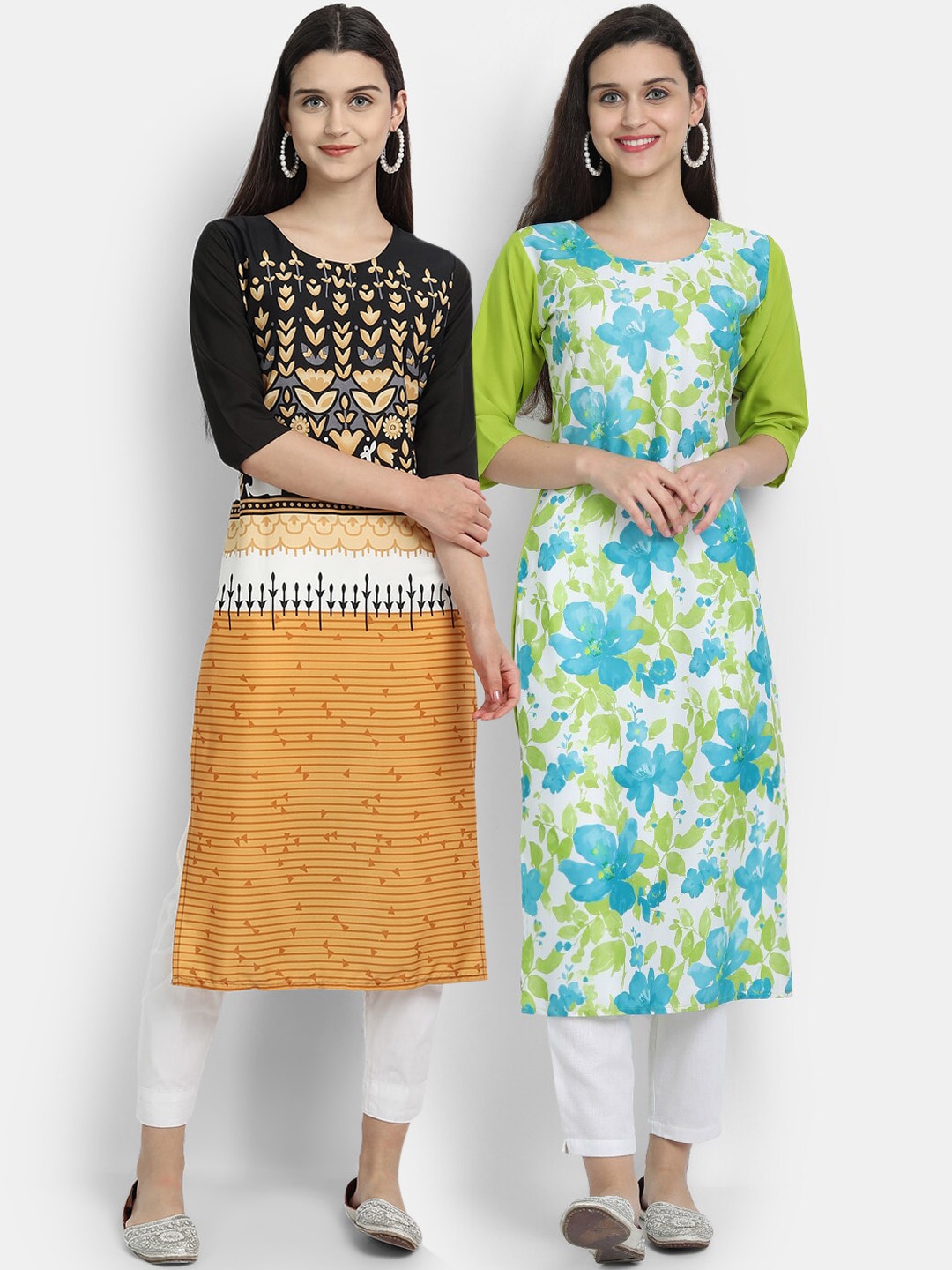 

Ethnic basket Women Pack Of 2 Yellow & Green Floral Printed Crepe Kurta