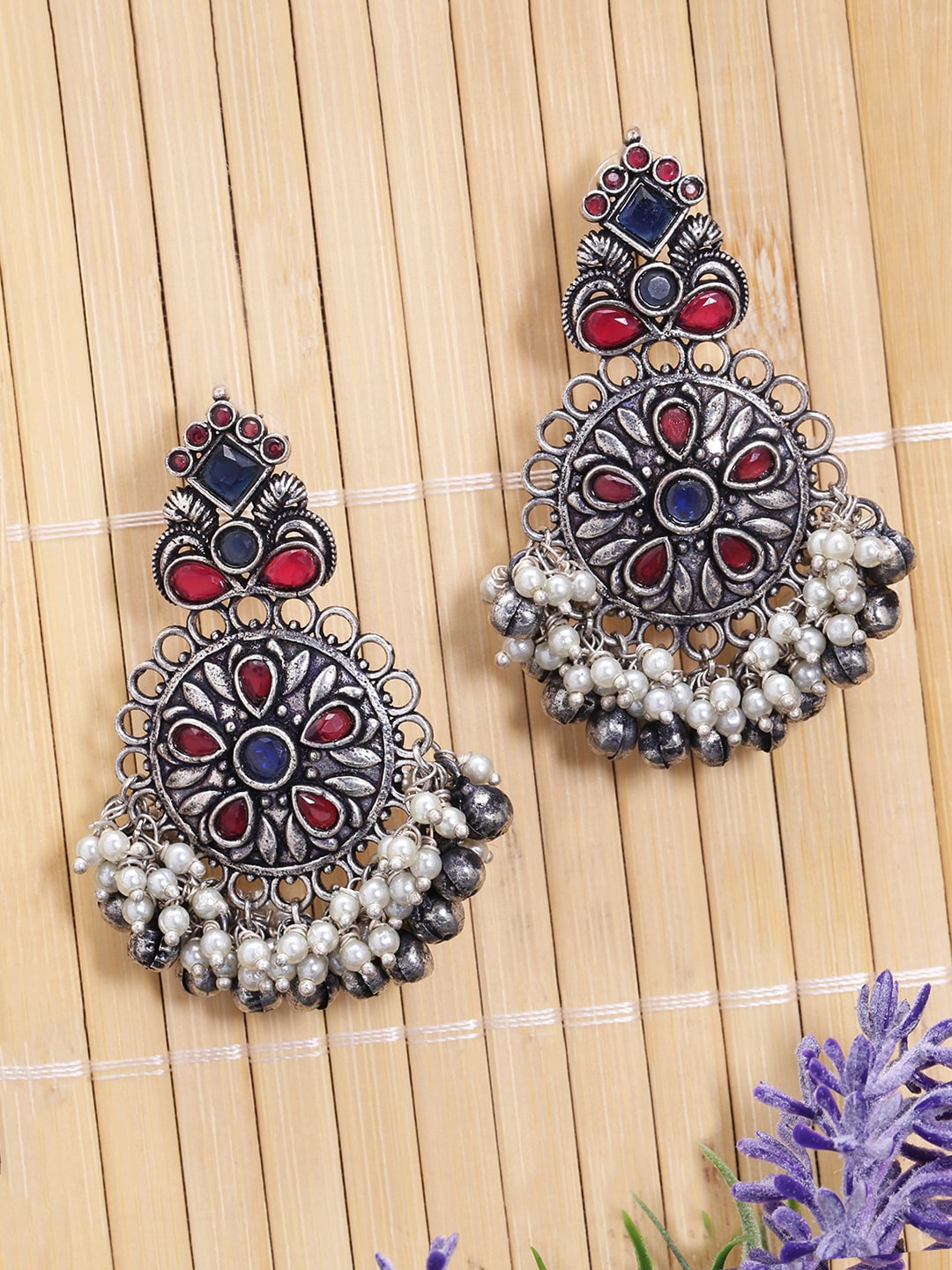 

Yellow Chimes Silver & Red Circular Drop Earrings