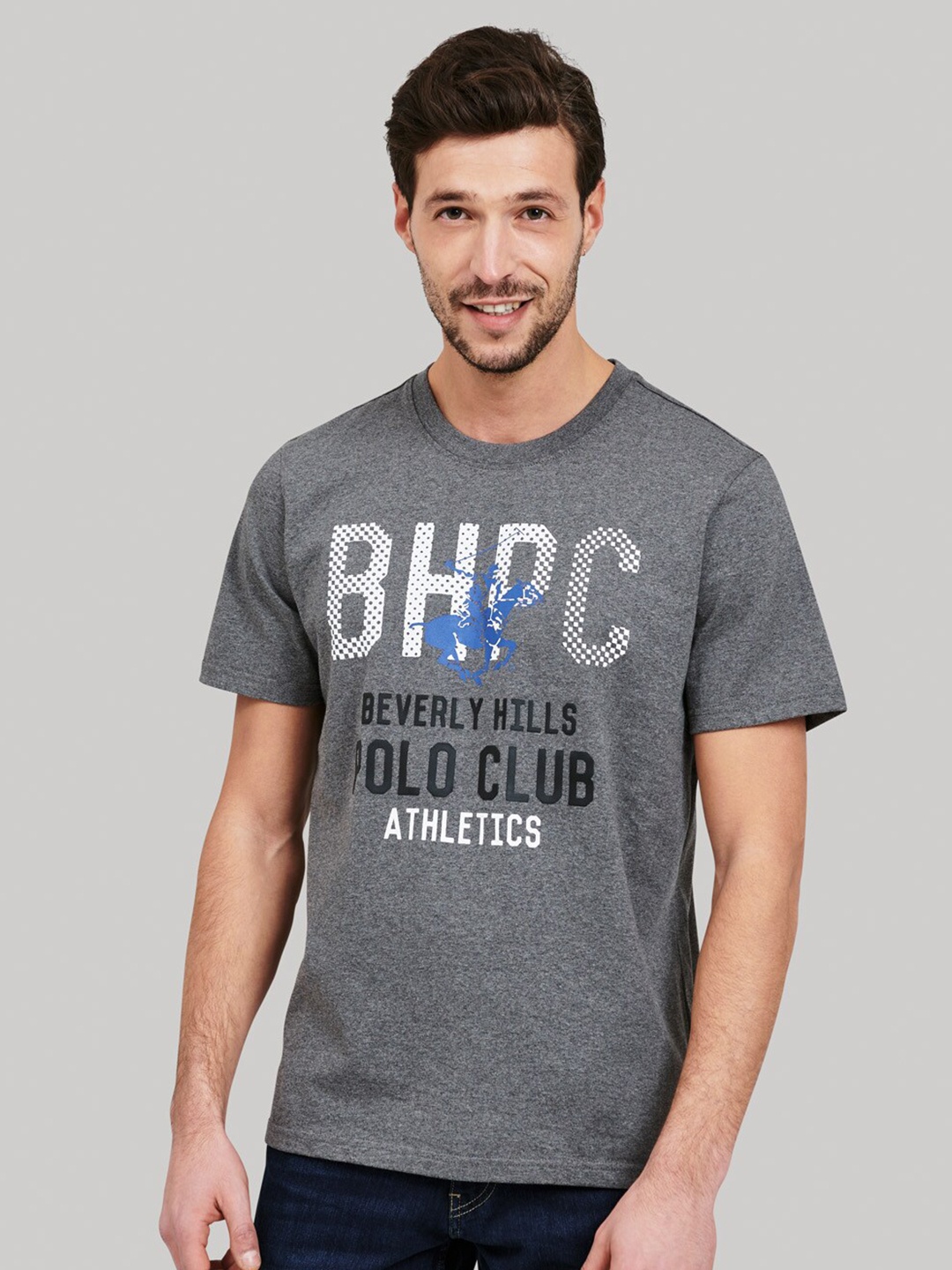 Beverly Hills Polo Club Men Grey Typography Printed Round Neck T-shirt
