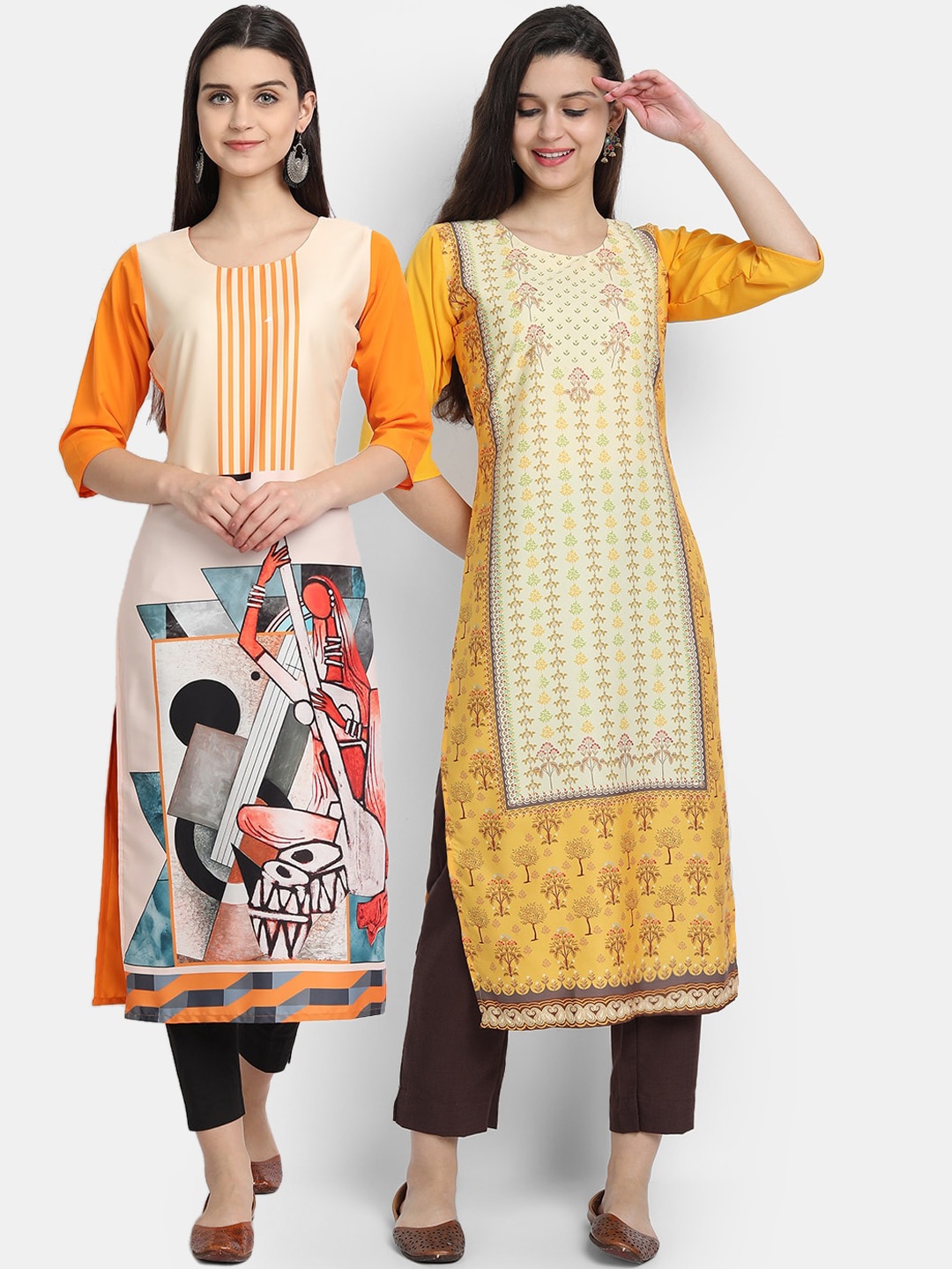 

Ethnic basket Women Pack Of 2 Digitally Printed Crepe Straight Kurta, Yellow