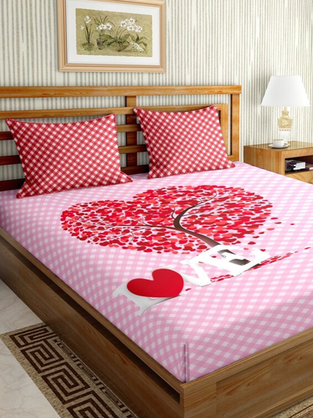 

BELLA CASA Pink & Red Graphic 144 TC King Bedsheet with 2 Pillow Covers