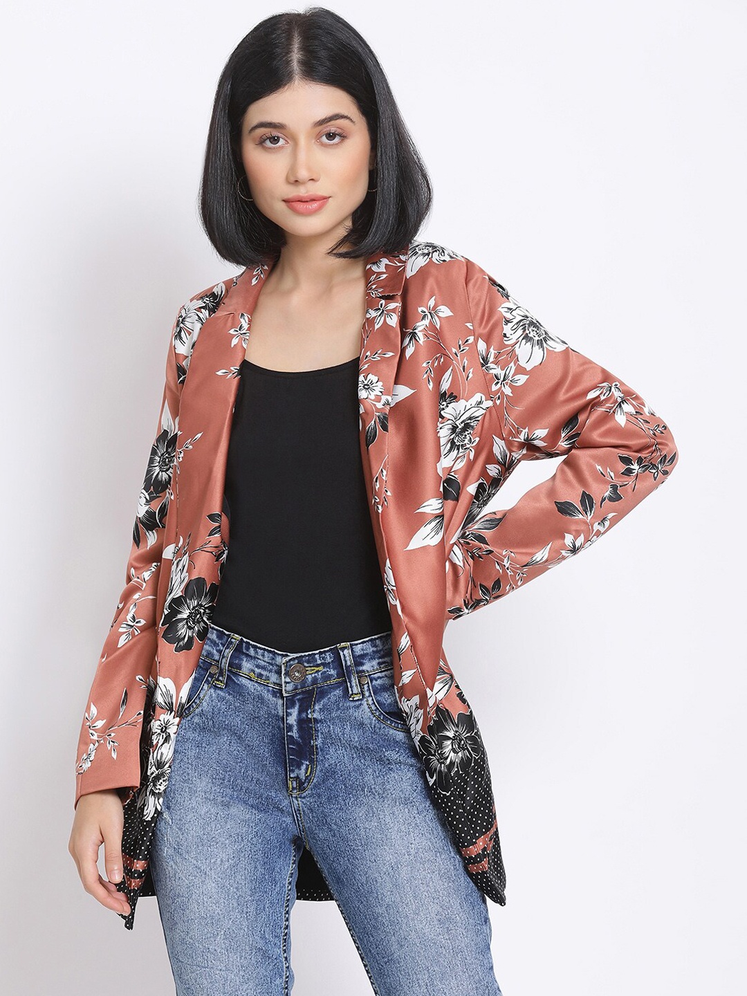 

Oxolloxo Women Brown & Black Floral Printed Satin Open-Front Causal Blazer