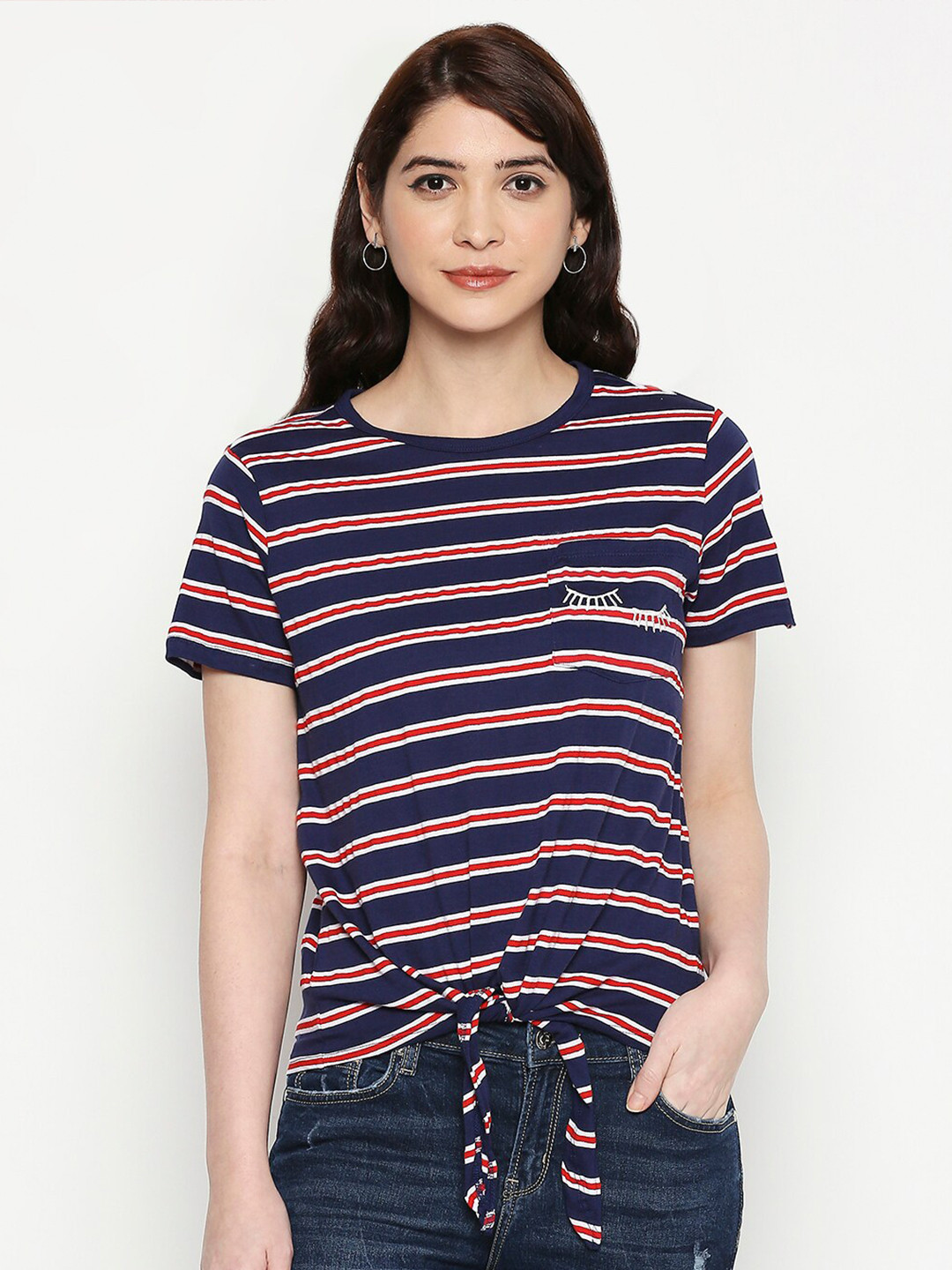 

People Navy Blue & Red Striped Regular Cotton Top