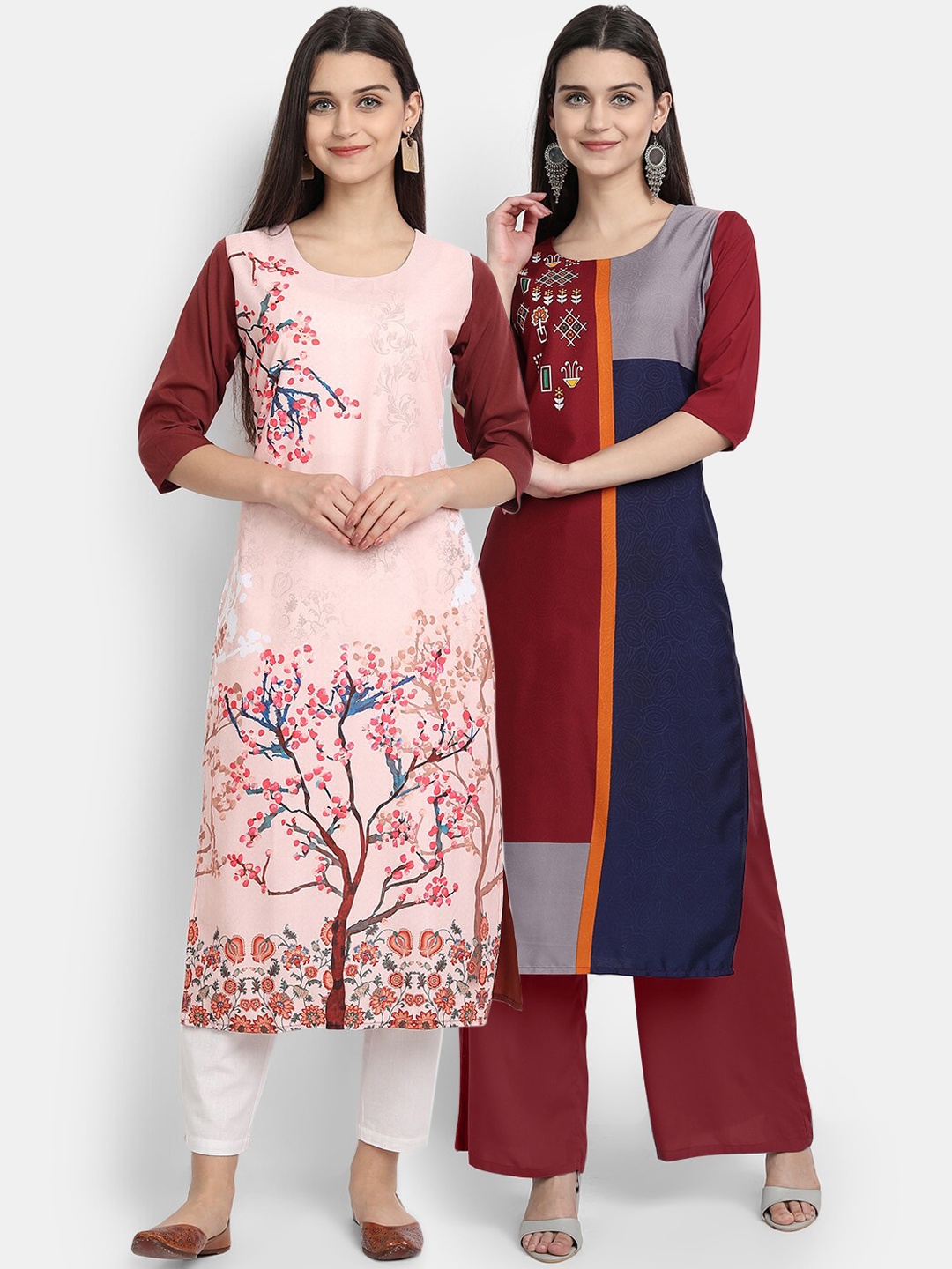 

Ethnic basket Women Pack of 2 Pink & Maroon Printed Crepe Kurta