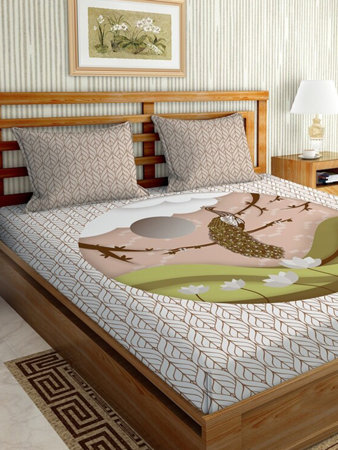 

BELLA CASA Off White & Green Geometric 144 TC King Bedsheet with 2 Pillow Covers