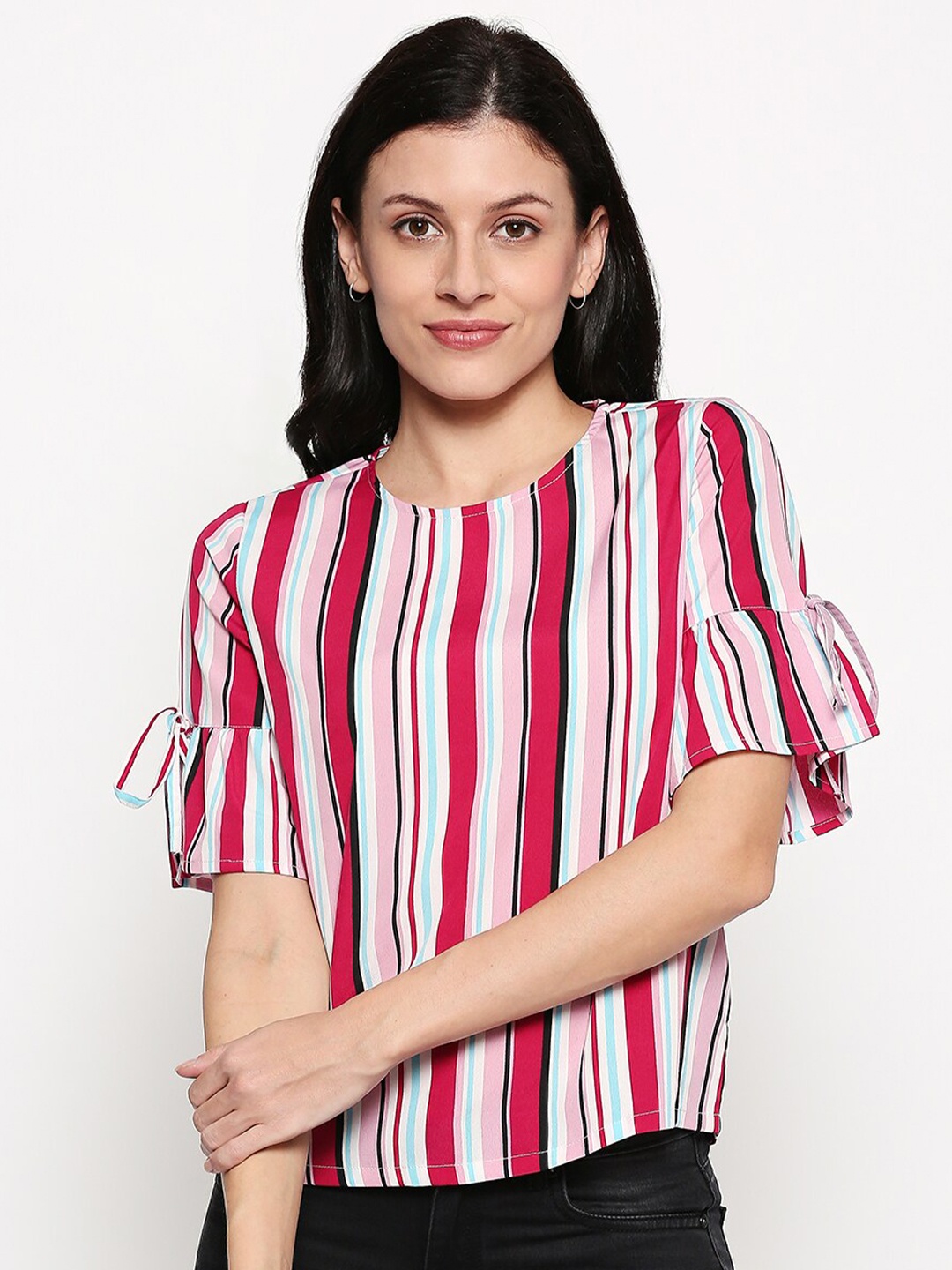 

People Pink & Red Striped Bell Sleeve Regular Top