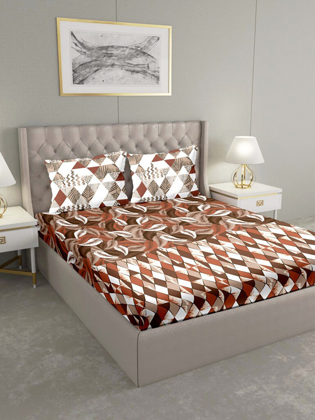 

BELLA CASA Brown & White Geometric 180 TC King Bedsheet with 2 Pillow Covers