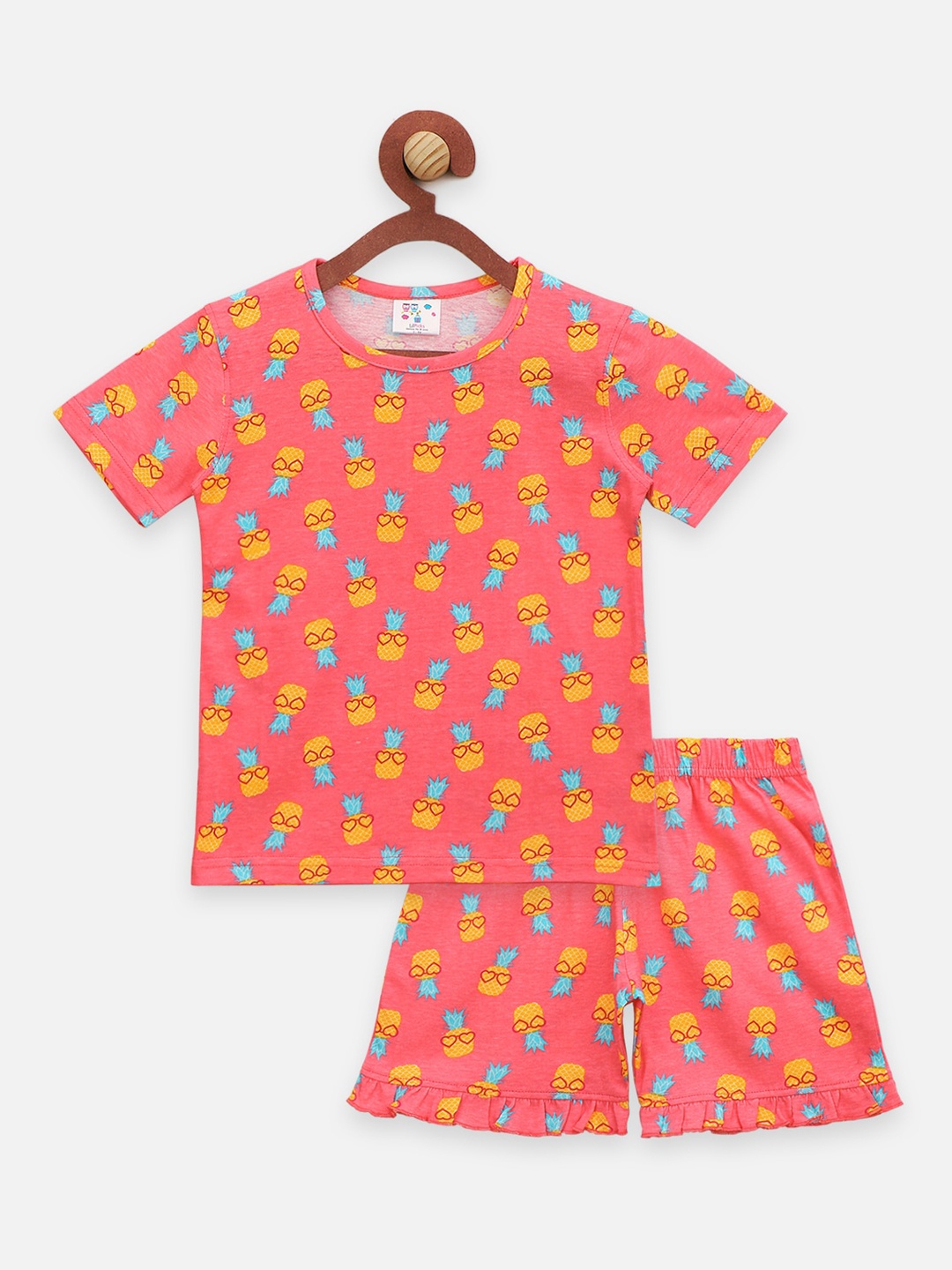 LilPicks Girls Coral & Blue Printed Night suit