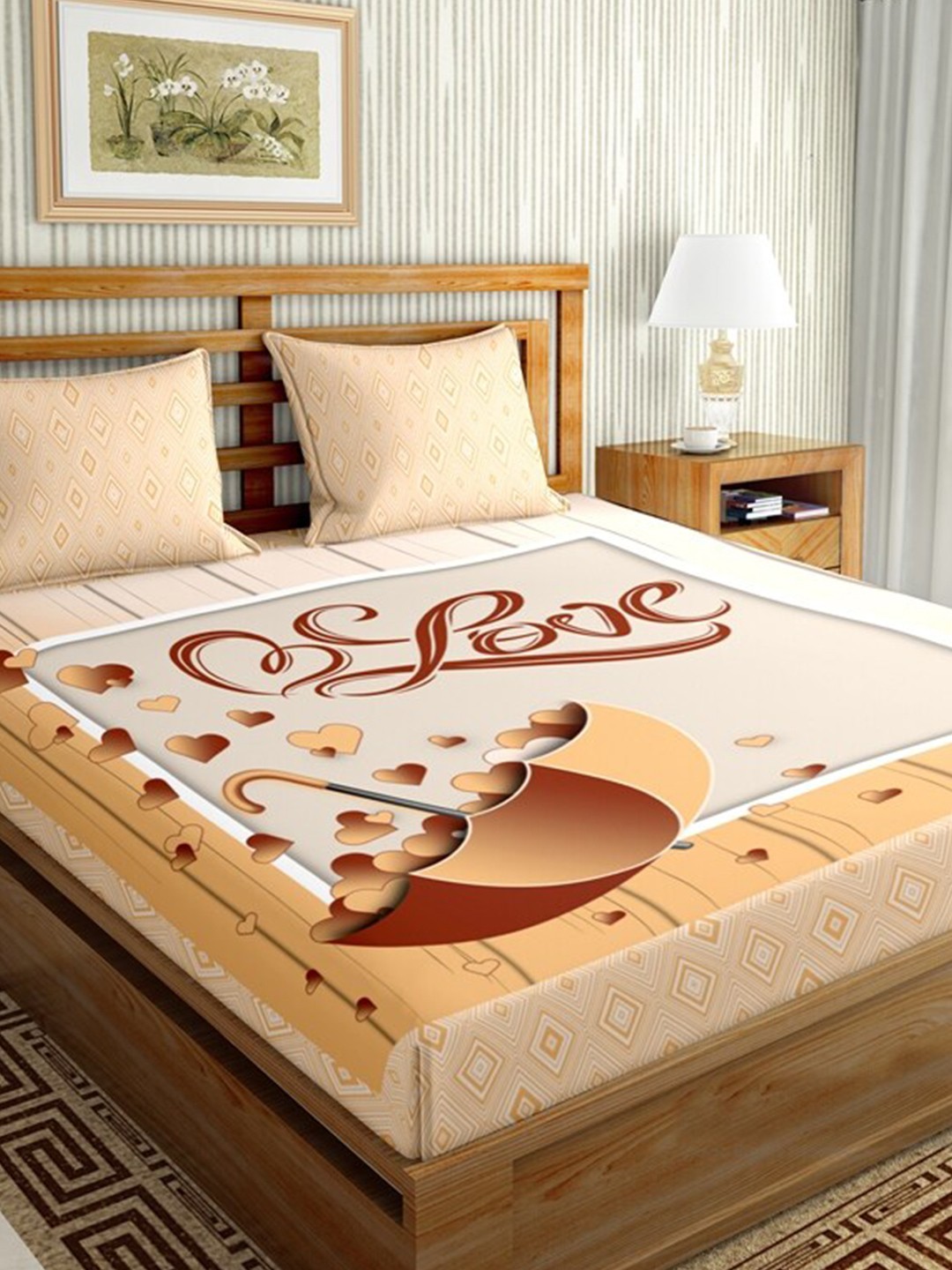 

BELLA CASA Peach & Brown Graphic 144 TC Cotton King Bedsheet with 2 Pillow Covers