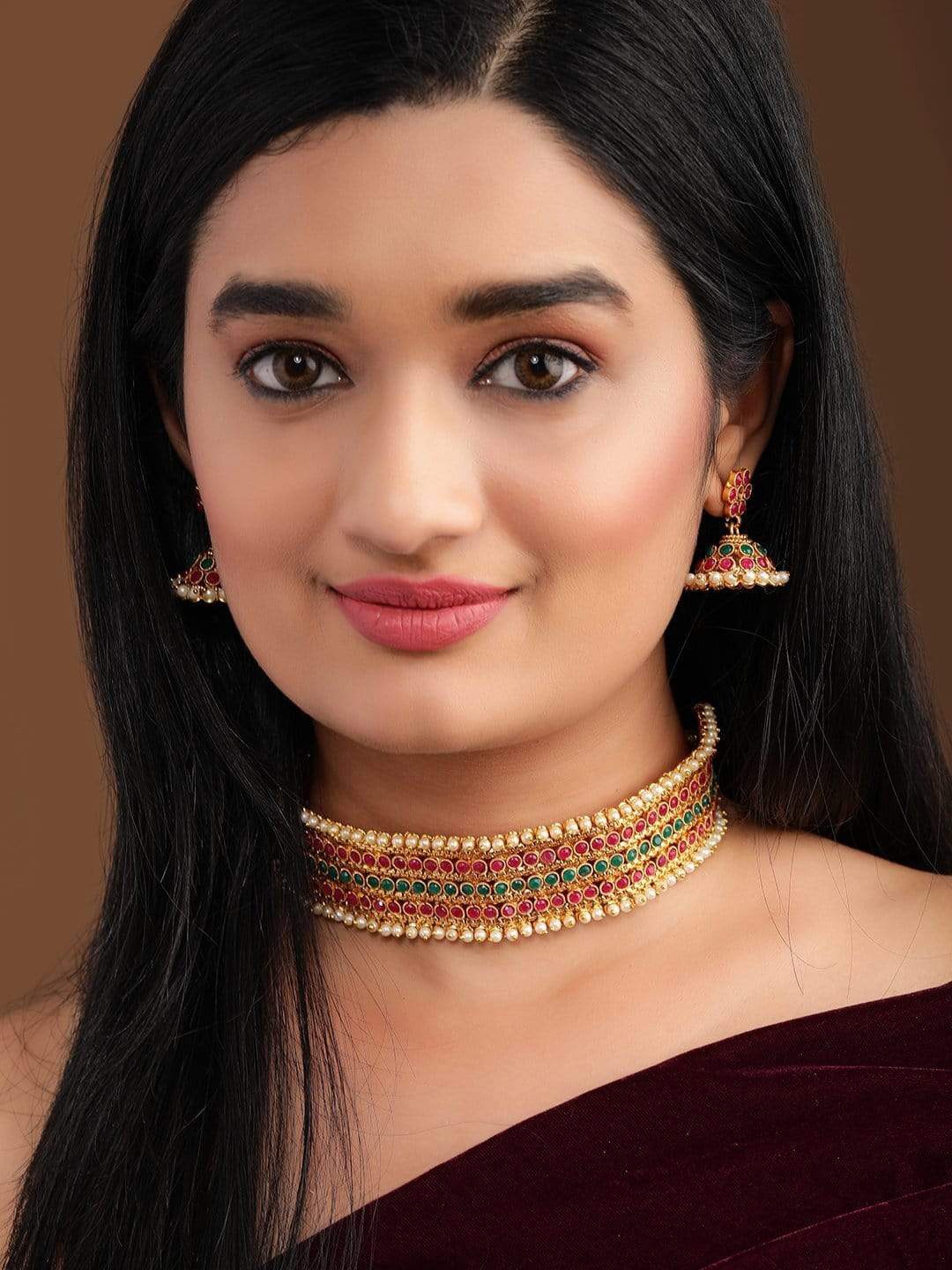 

Rubans Gold-Plated Red & Green Faux Ruby-Studded Pearls Beaded Handcrafted Jewellery Set