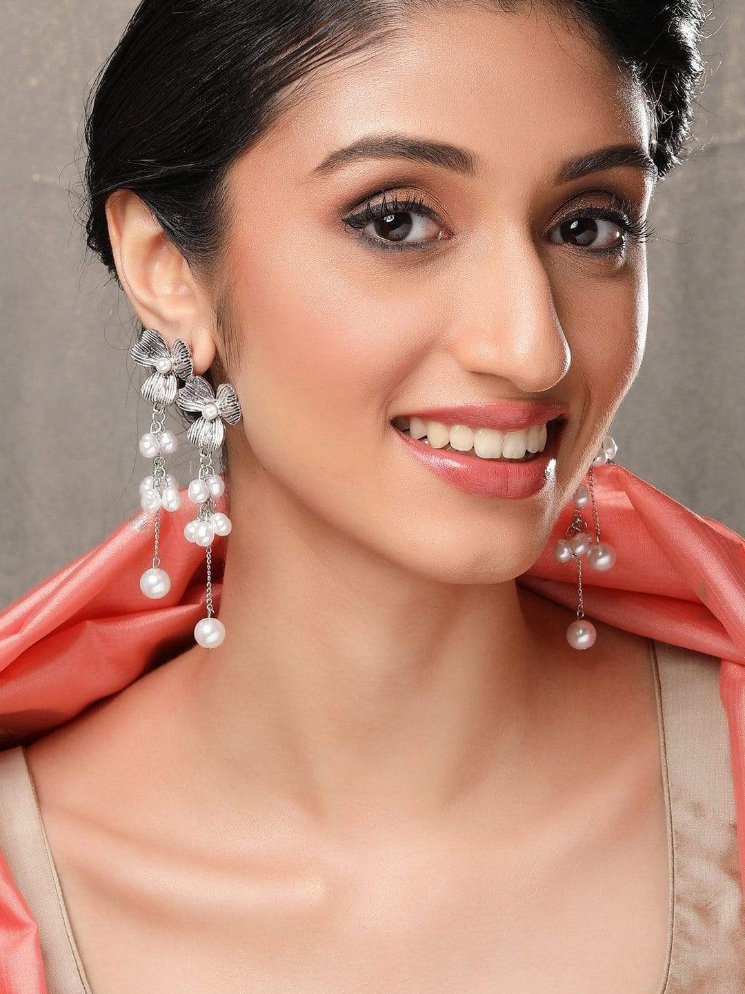 

Rubans Silver-Plated Floral Heart Shaped Handcrafted Pearls Drop Earrings