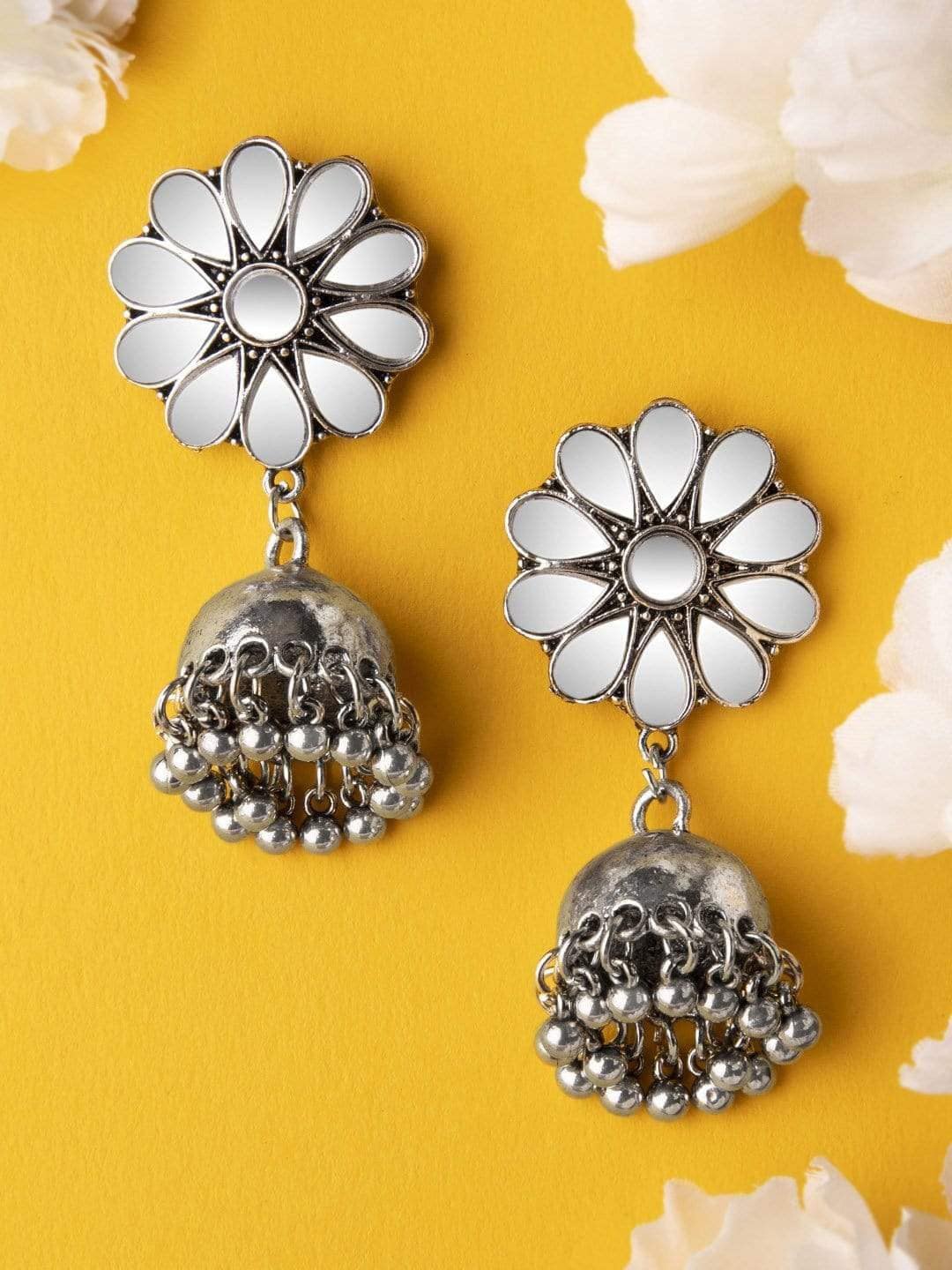 

Rubans Mirror Work Jhumka Earrings, Silver
