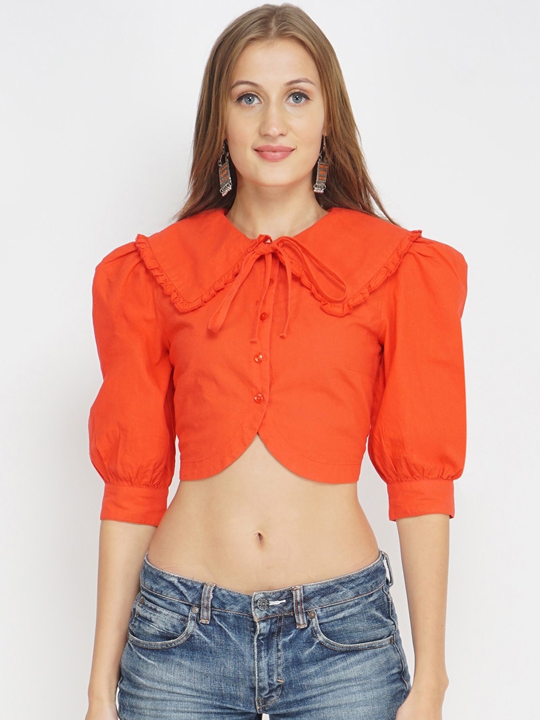 

Oxolloxo Women Red Peter Pan Collar Casual Shirt