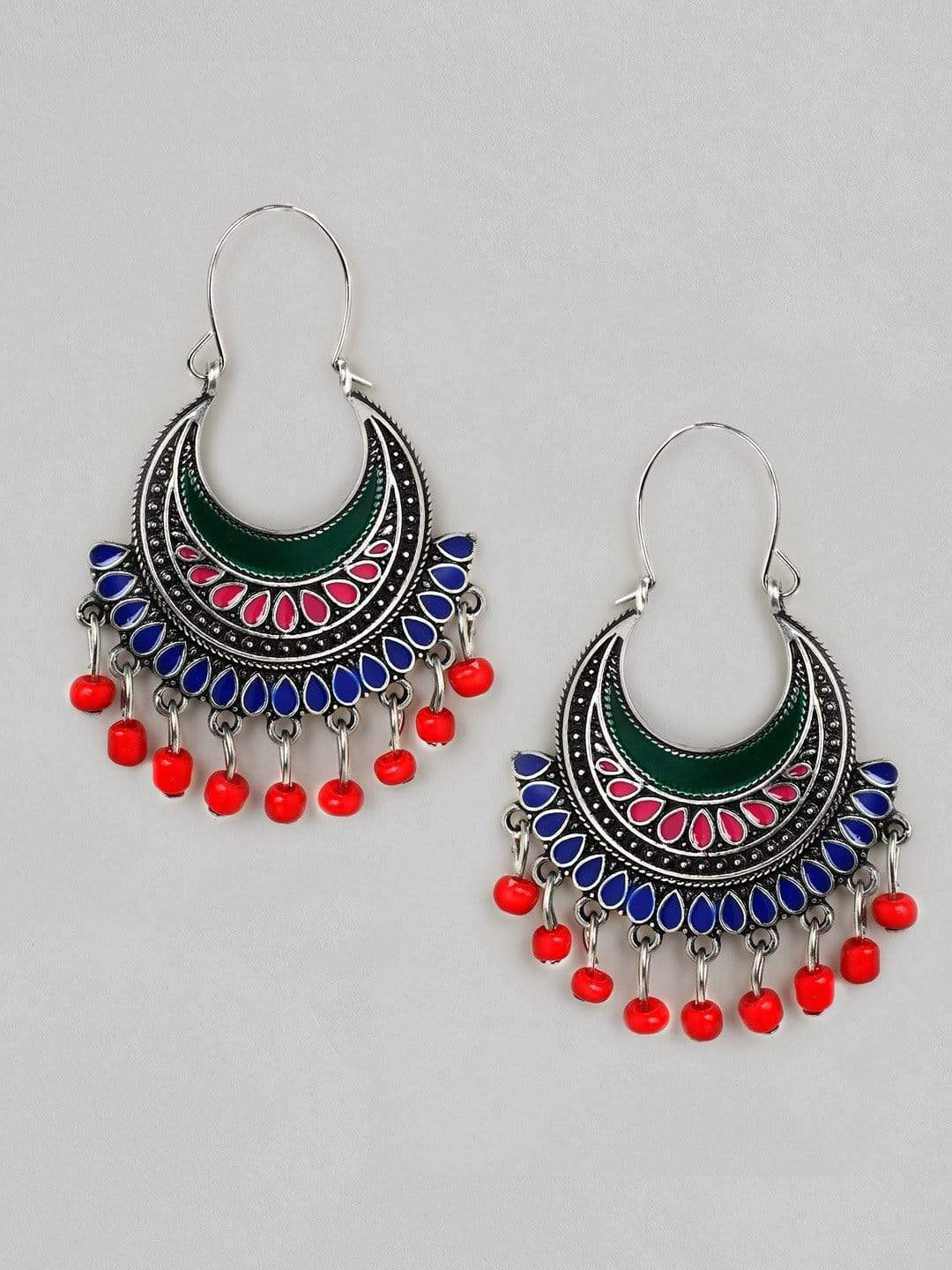 

Rubans Silver Plated Oxidised Handcrafted Enamel Chandbali Earrings