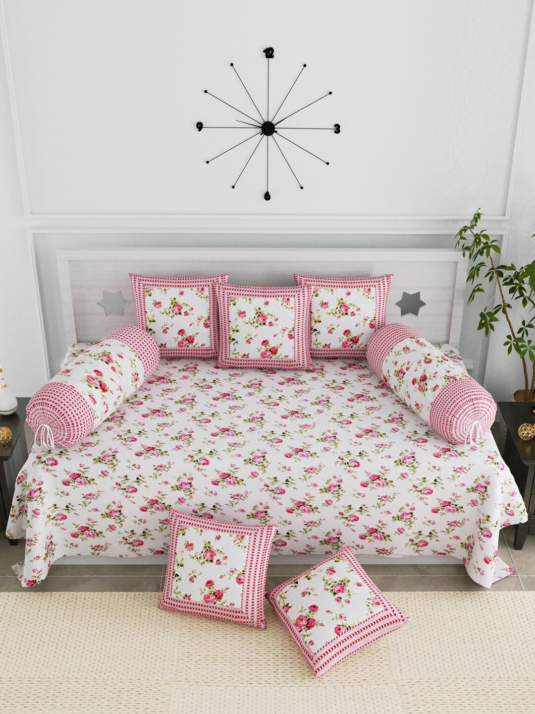 

LIVING ROOTS Set Of 8 White & Pink Floral Printed Pure Cotton Diwan Set