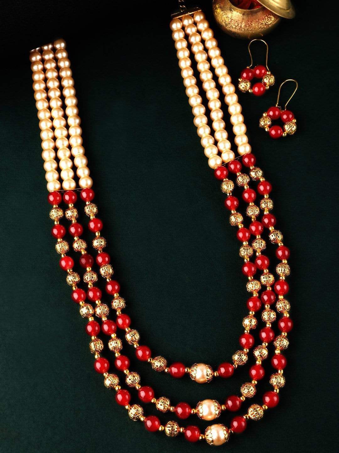 Rubans Gold Plated Red & Beige Beaded Multilayered Jewellery Set