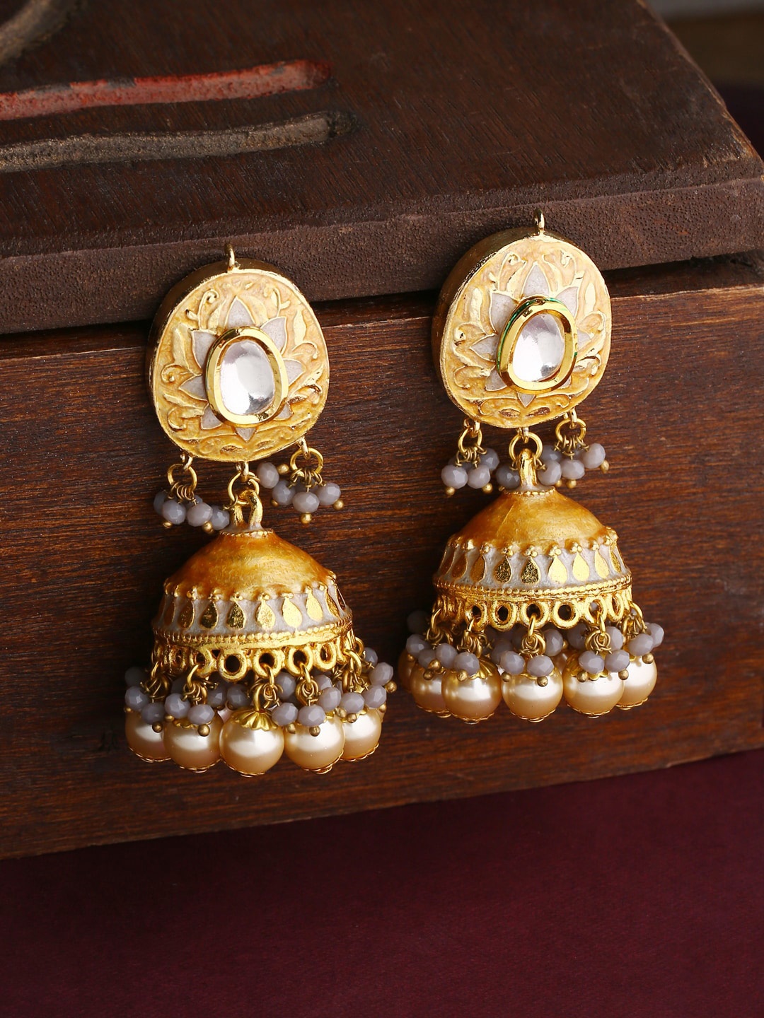 

THE AAB STUDIO Gold Toned & Kundan Studded Handcrafted Classic Jhumkas Earrings