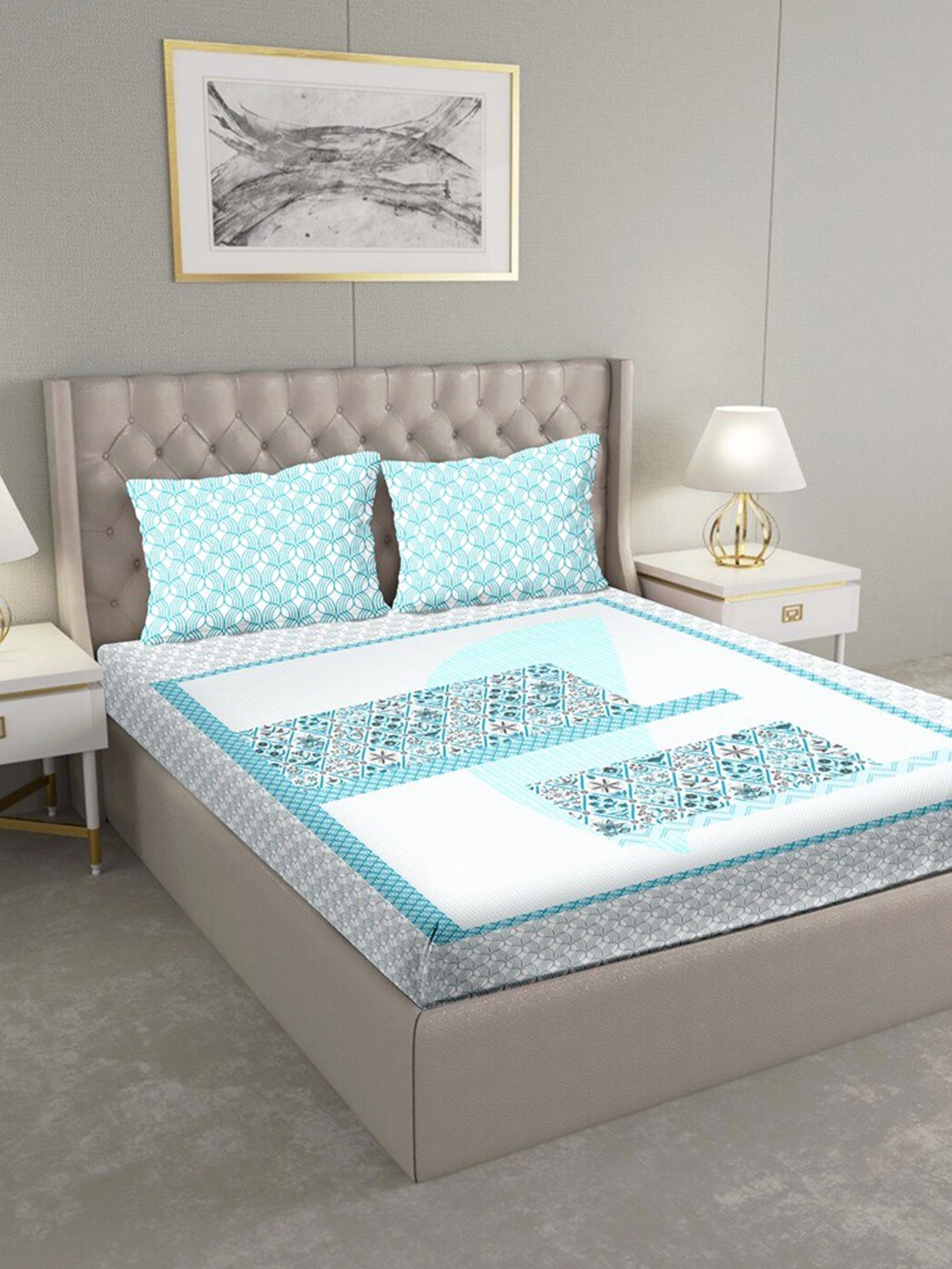

BELLA CASA Blue & White Geometric 180 TC Cotton King Bedsheet with 2 Pillow Covers