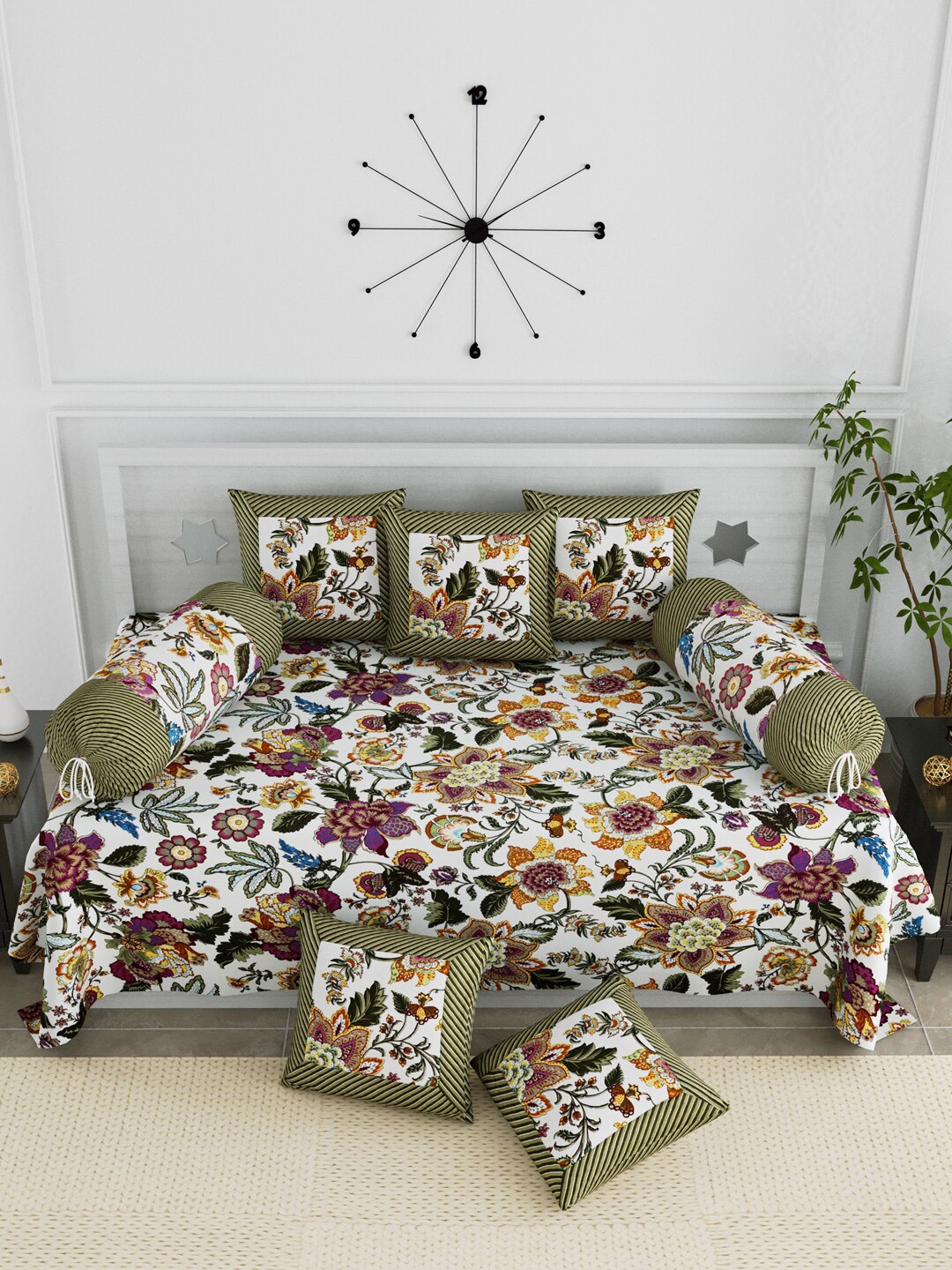 

LIVING ROOTS Set Of 8 White & Olive Green Floral Printed Cotton Diwan Set