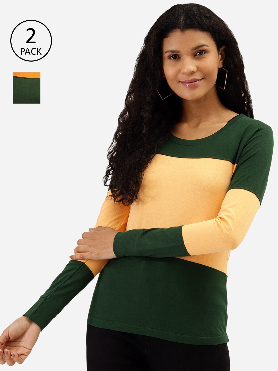 

The Dry State Women Yellow & Green 2 Colourblocked Cotton T-shirts