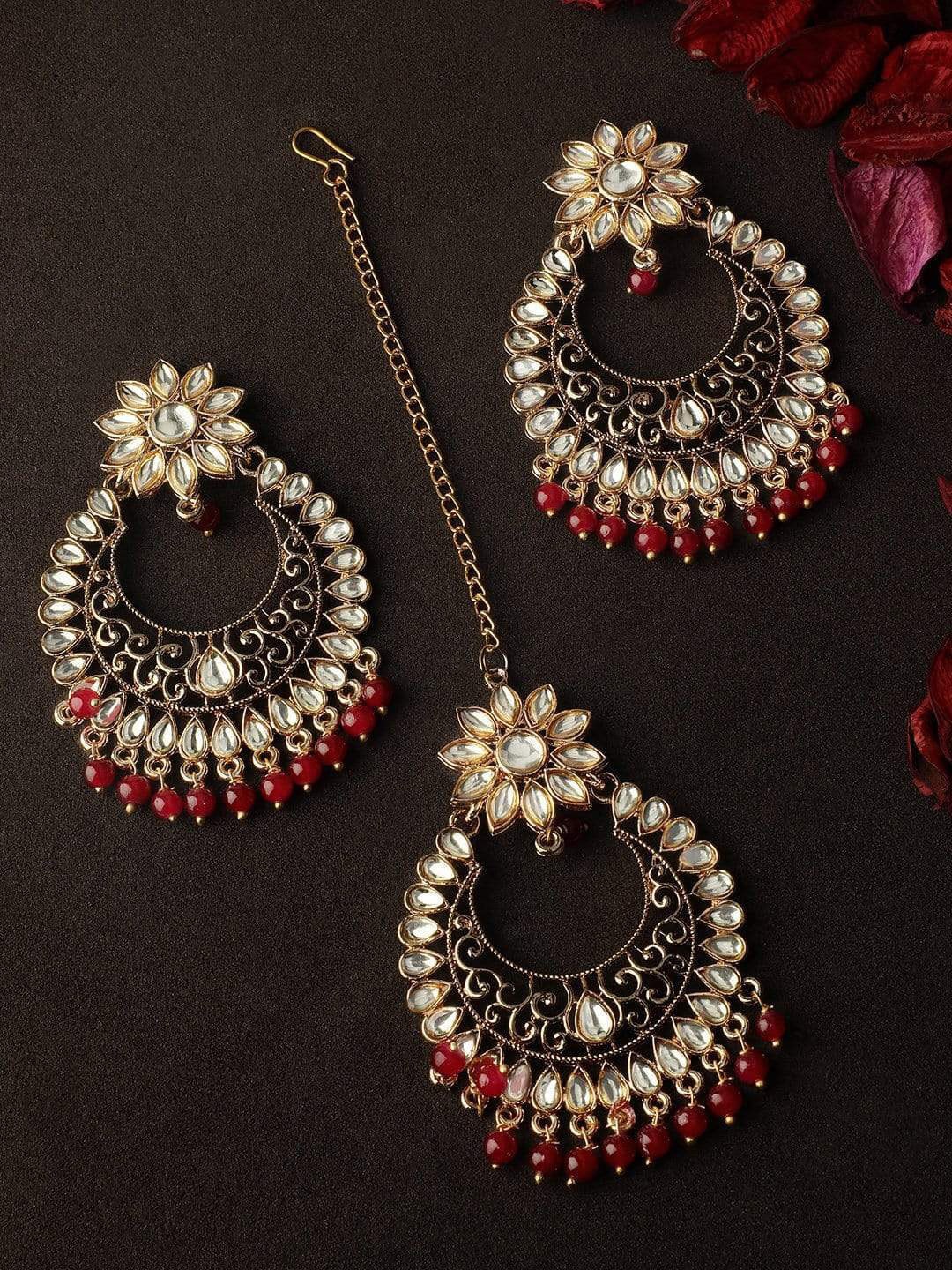 

Rubans Gold-Plated White & Red Kundan-Studded Handcrafted Jewellery Set