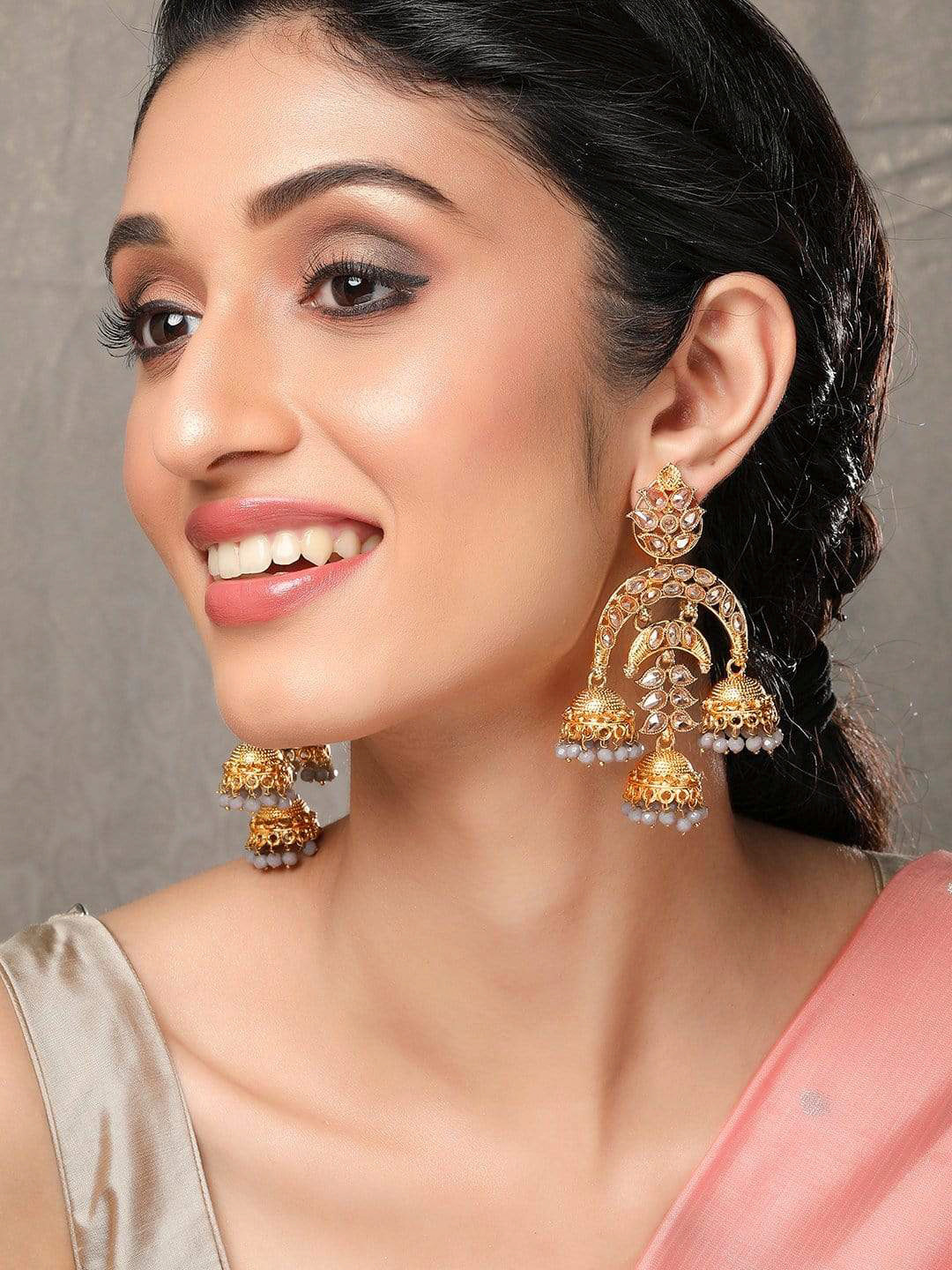 

Rubans 24K Gold-Plated & White Kundans & Beads Dome Shaped Handcrafted Jhumkas Earrings