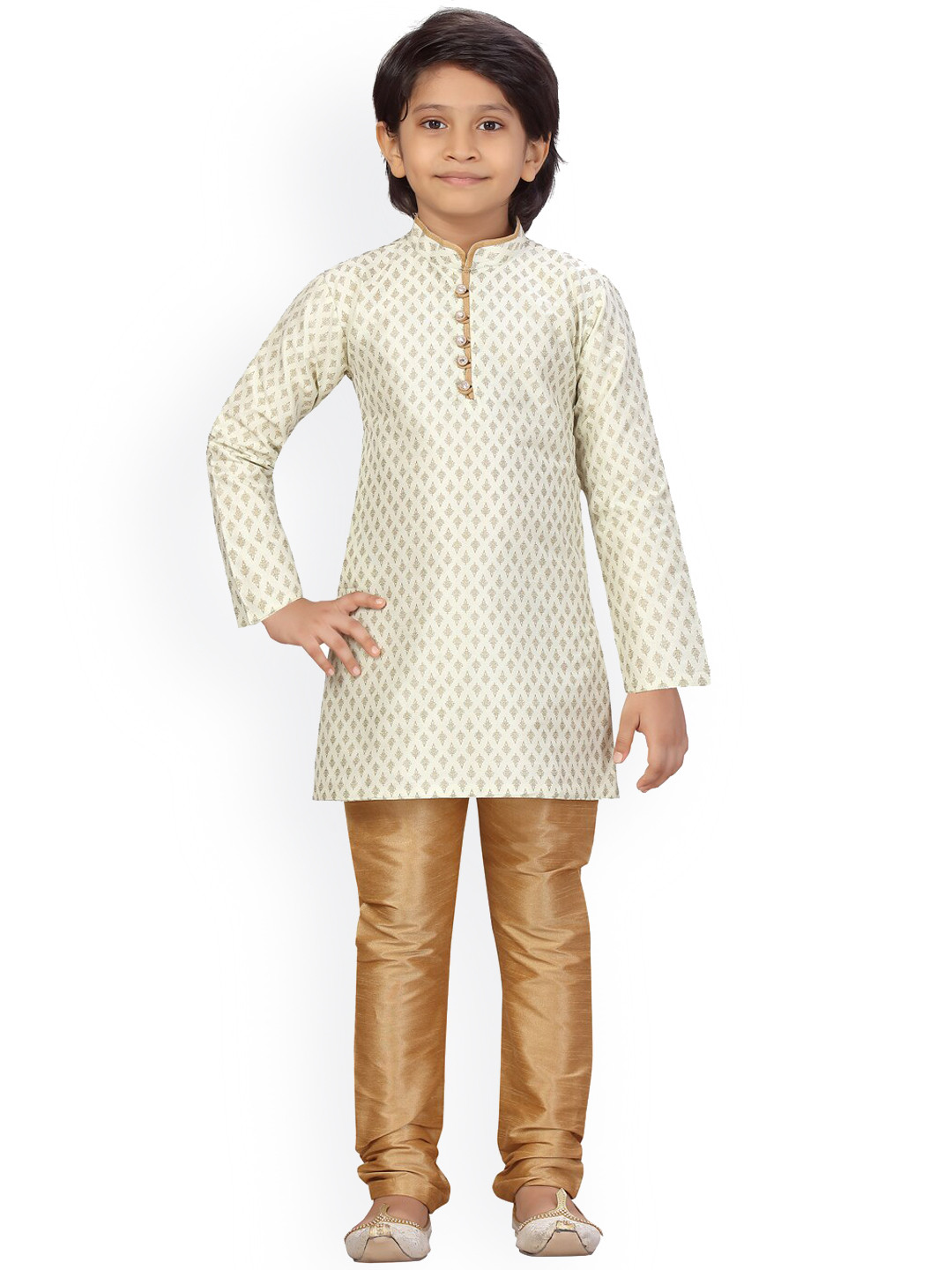 

LITTLE MAFIA BY Aarika Boys Cream Ethnic Motifs Pure Silk Kurta with Churidar