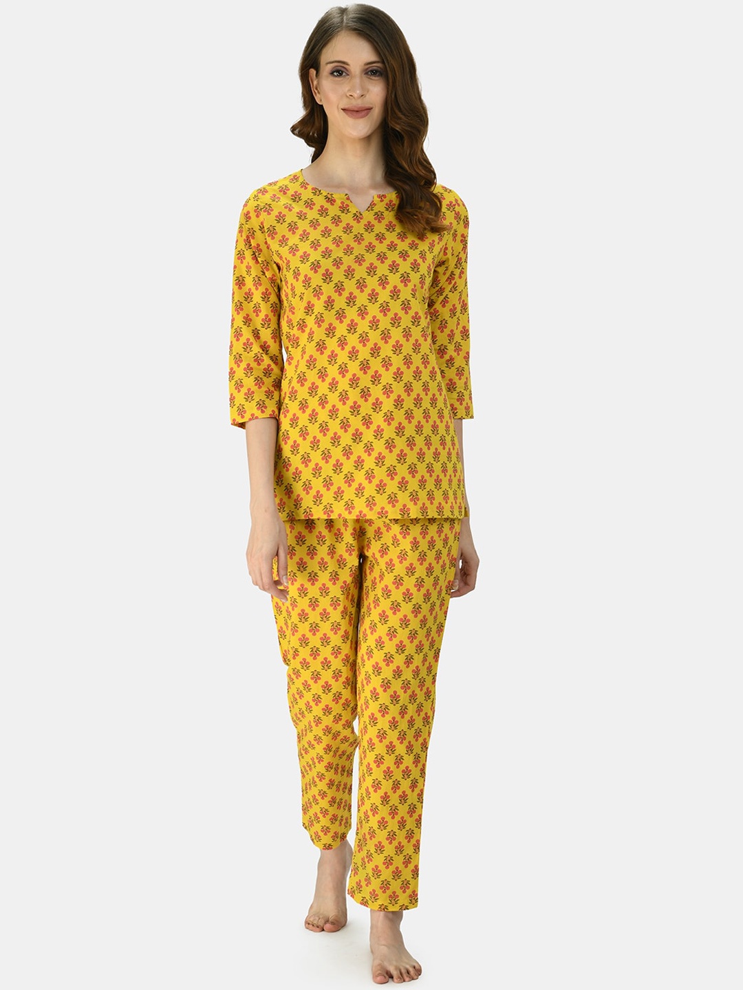 

Myshka Women Mustard Floral Printed Casual Night Suit